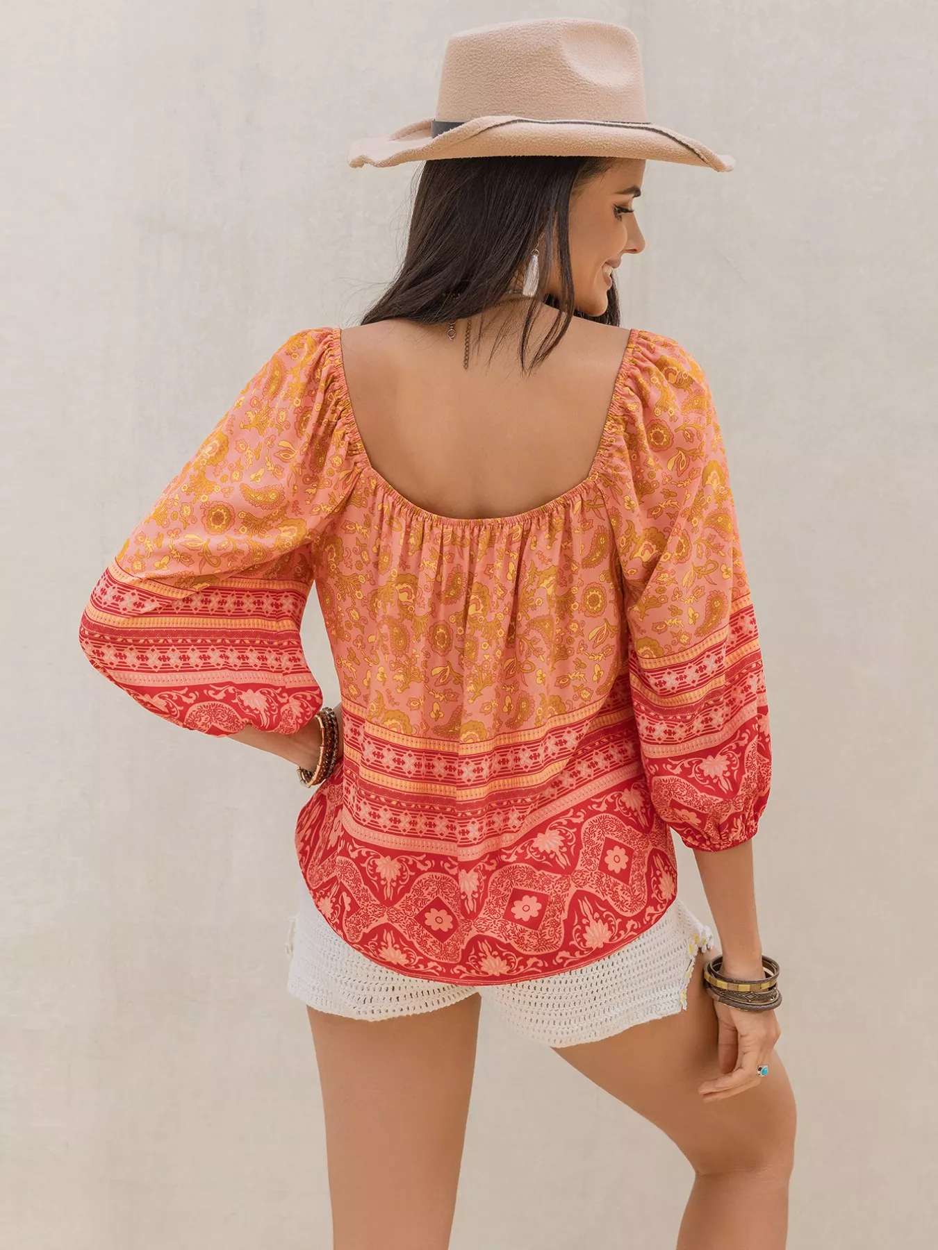 Printed Square Neck Balloon Sleeve Blouse - Image 4