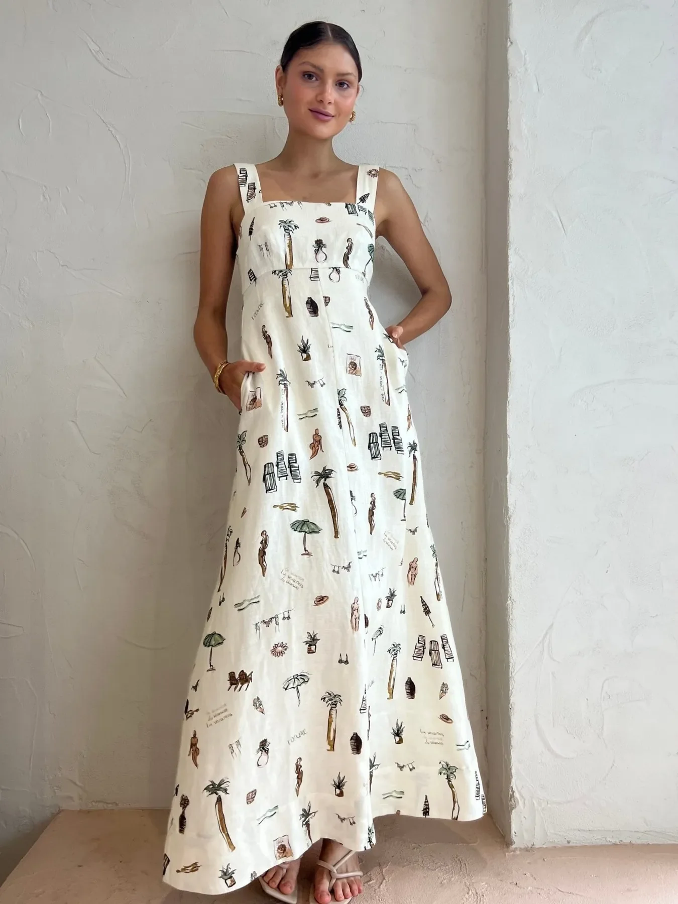 Printed Square Neck Maxi Cami Dress with Pocket - Image 4