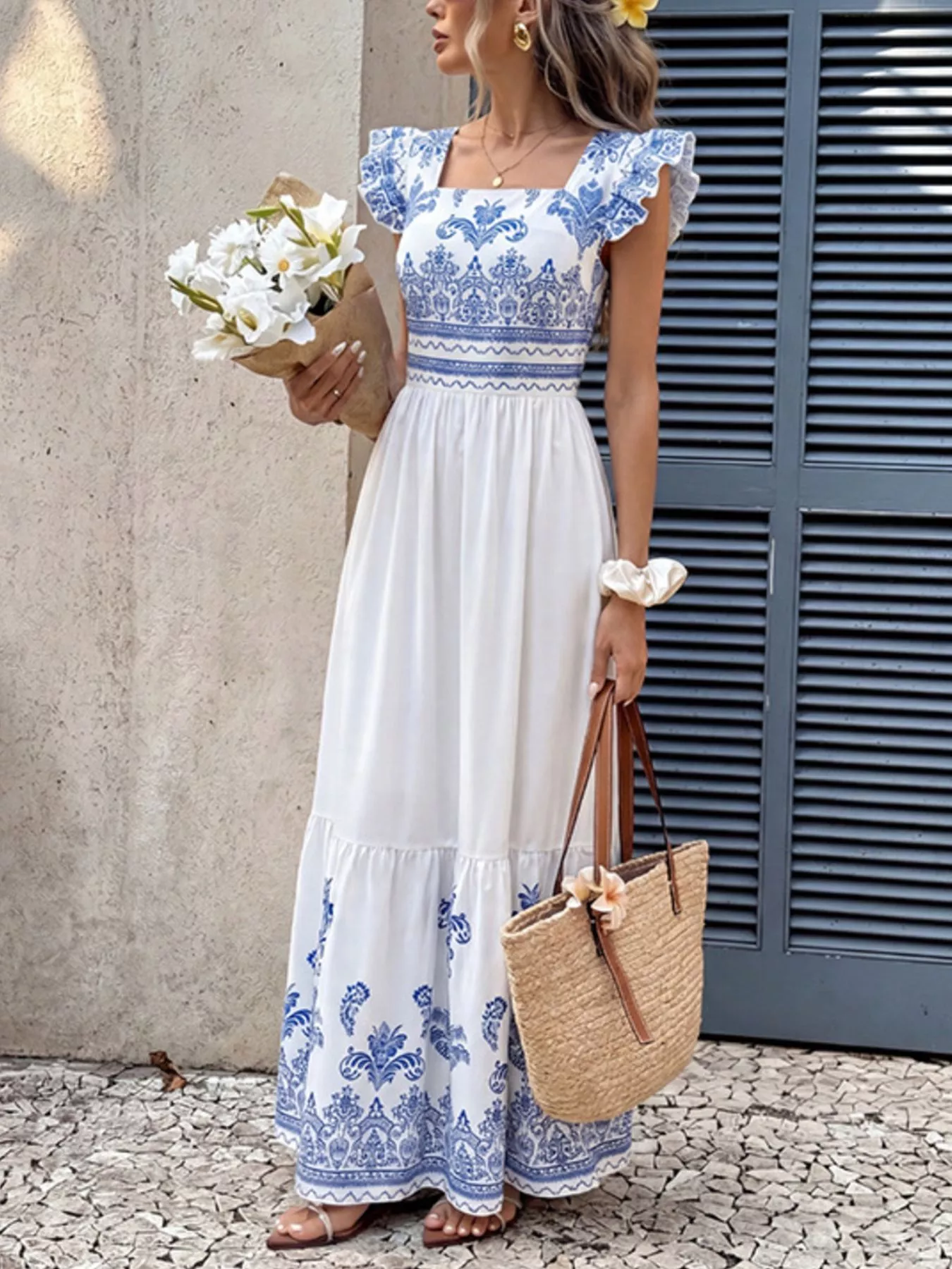 Printed Square Neck Maxi Dress - Image 5
