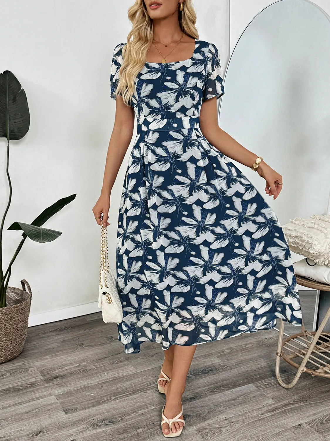 Printed Square Neck Midi Dress - Image 2