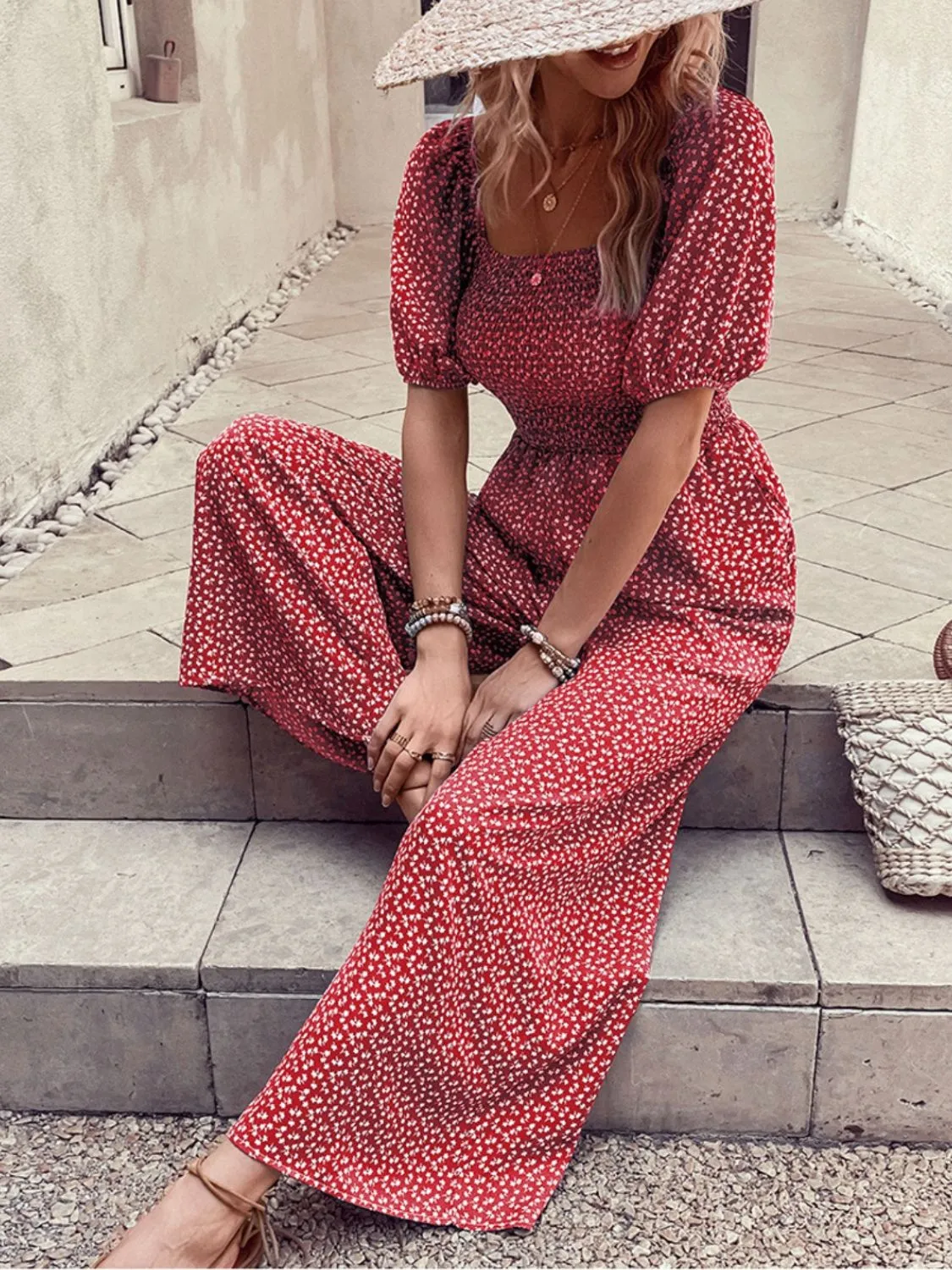 Printed Square Neck Puff Sleeve Jumpsuit - Image 11