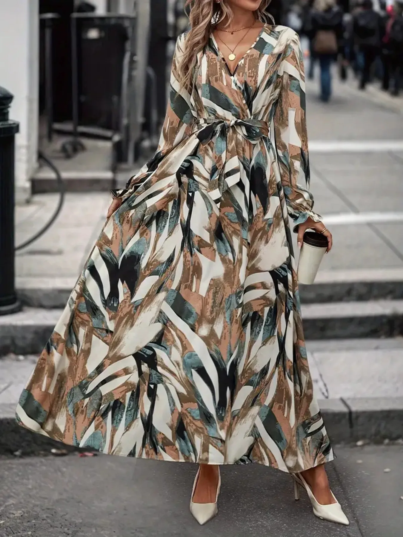 Printed Surplice Long Sleeve Maxi Dress - Image 5