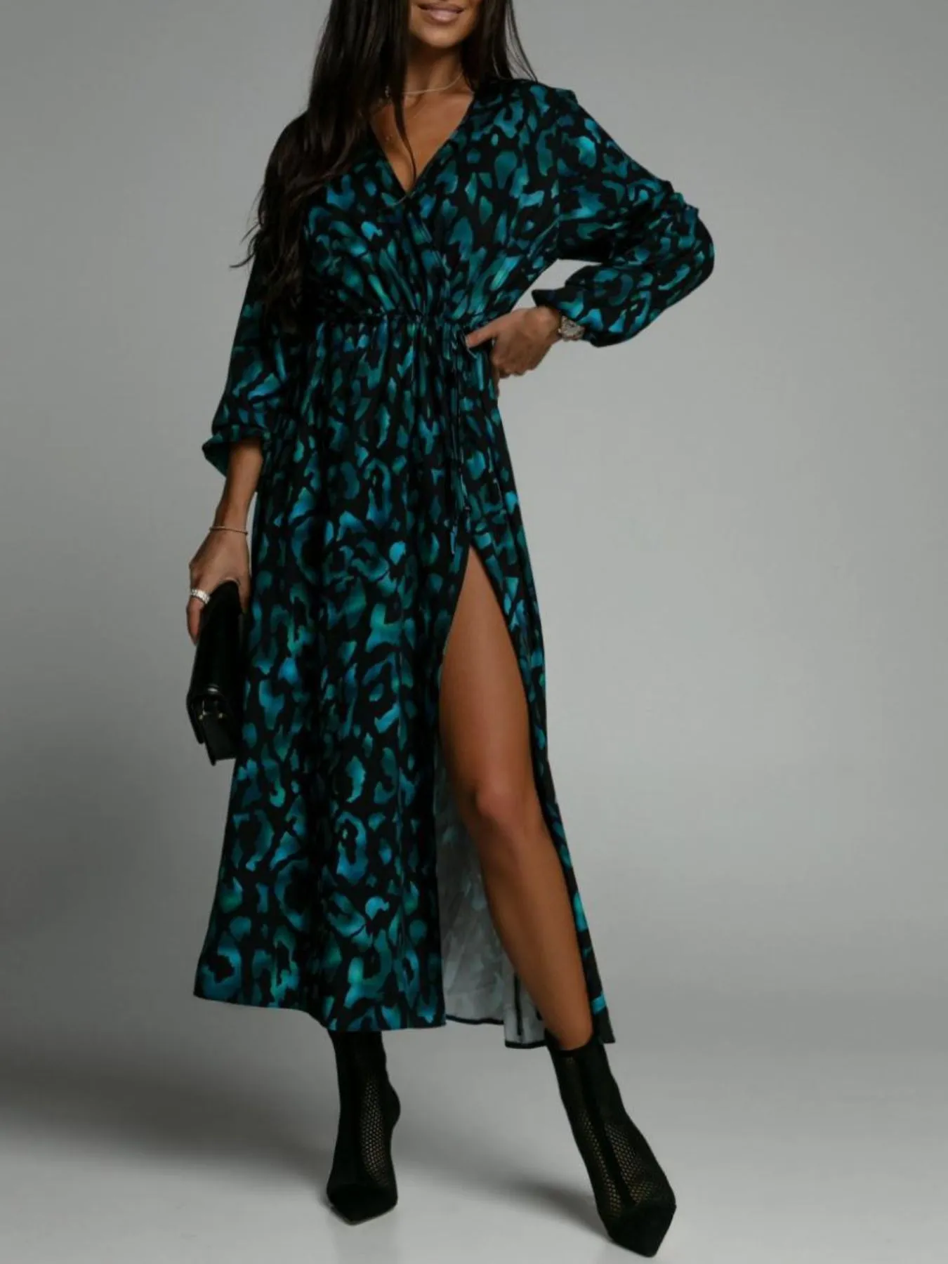 Printed Surplice Long Sleeve Midi Dress - Image 2