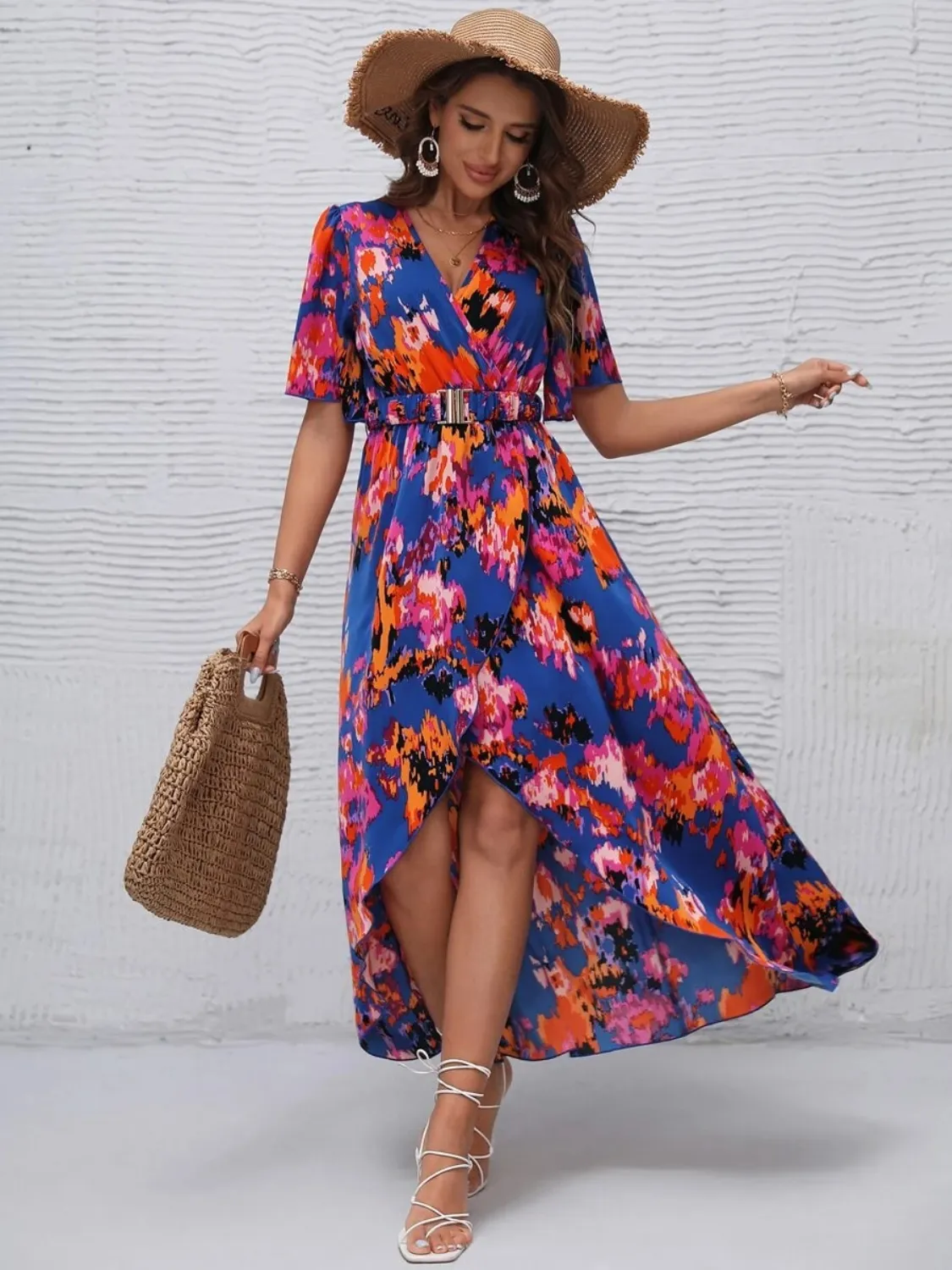 Printed Surplice Short Sleeve Maxi Dress - Image 14