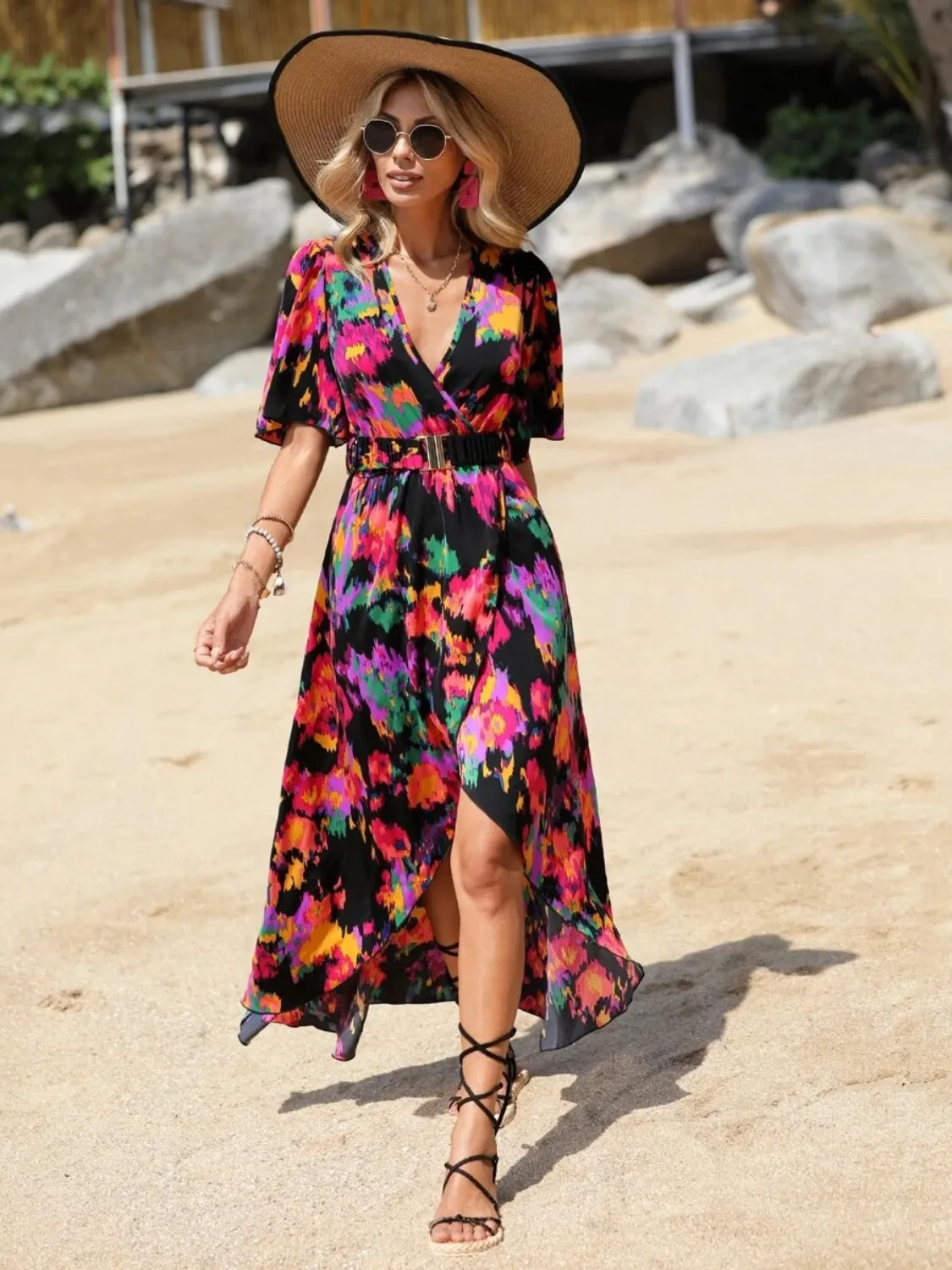Printed Surplice Short Sleeve Maxi Dress - Image 2