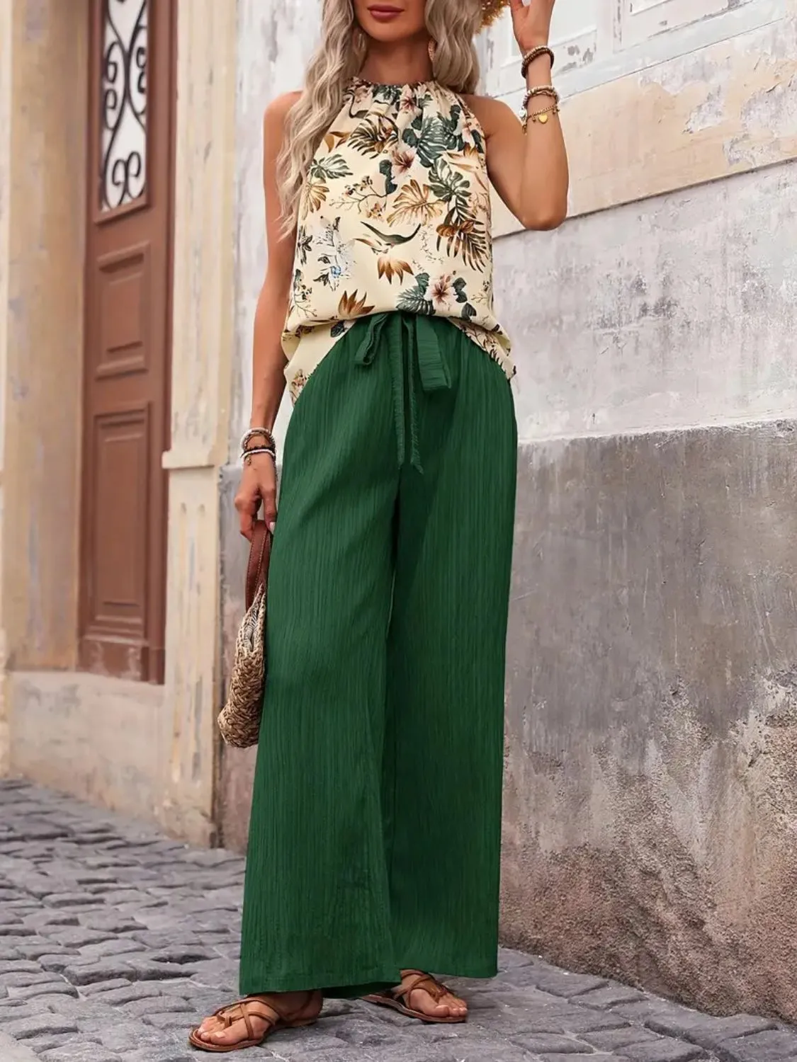 Printed Tank Top and Wide Leg Pants Set - Image 2