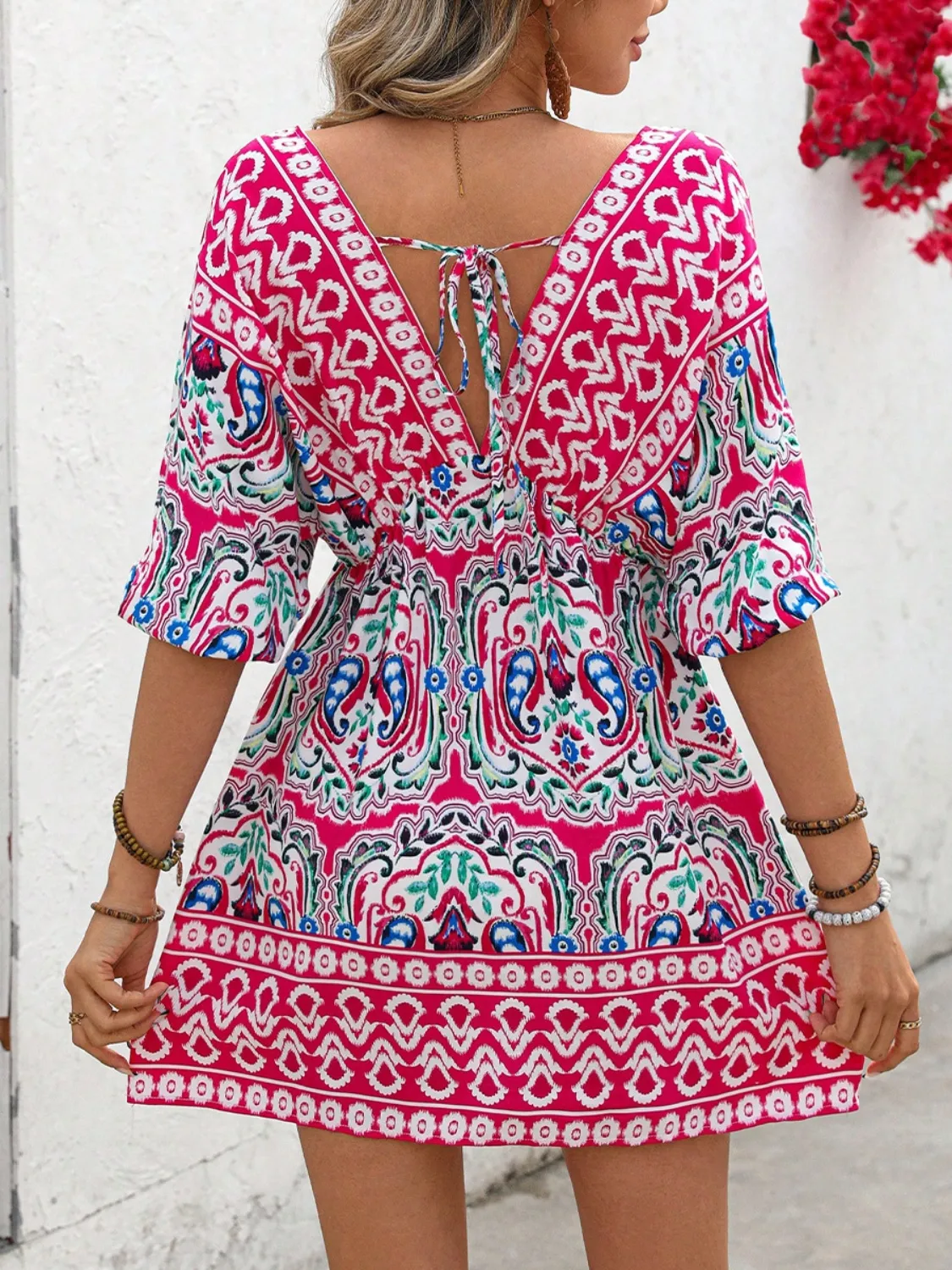 Printed Tie Back Half Sleeve Mini Dress - Image 2