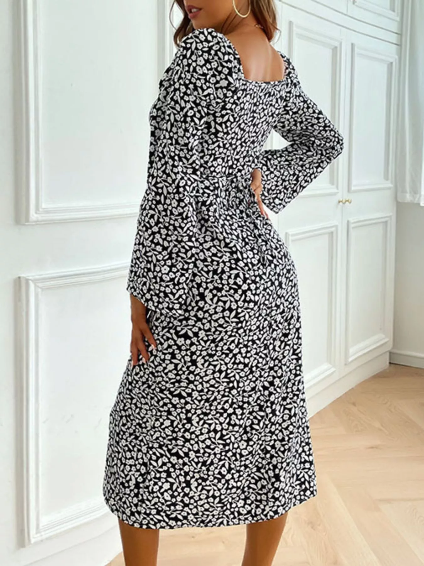 Printed Tie Flare Sleeve Midi Dress - Image 4