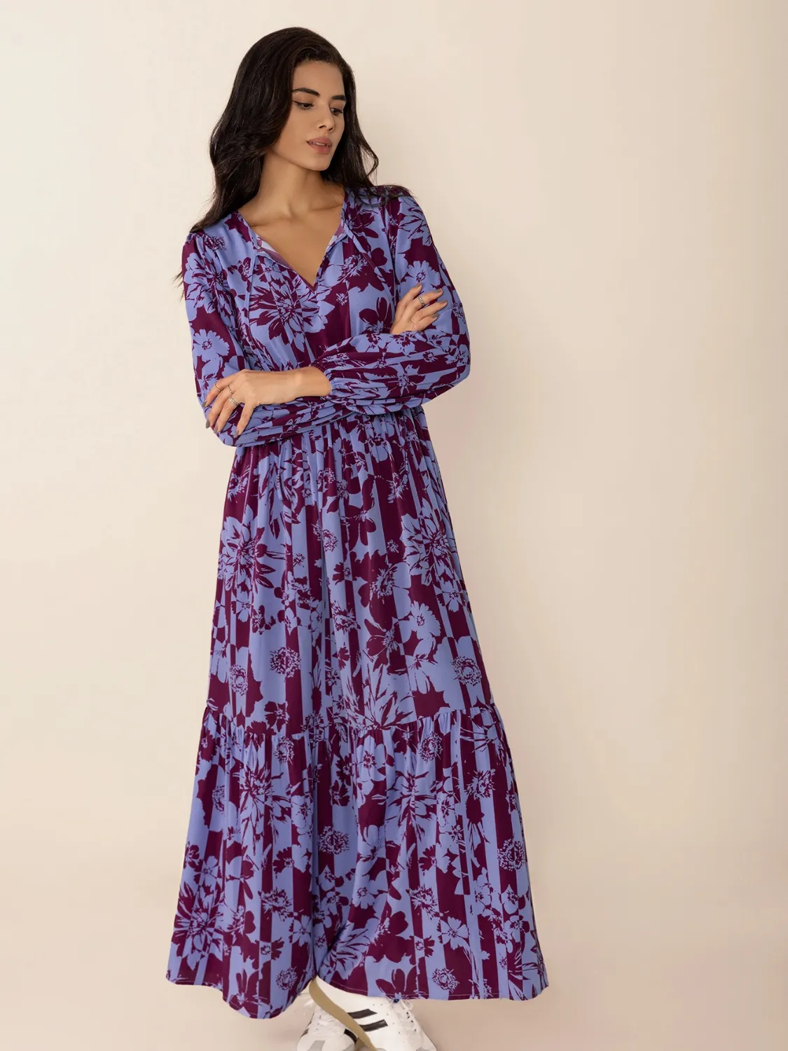 Printed Tie Neck Balloon Sleeve Maxi Dress - Image 7