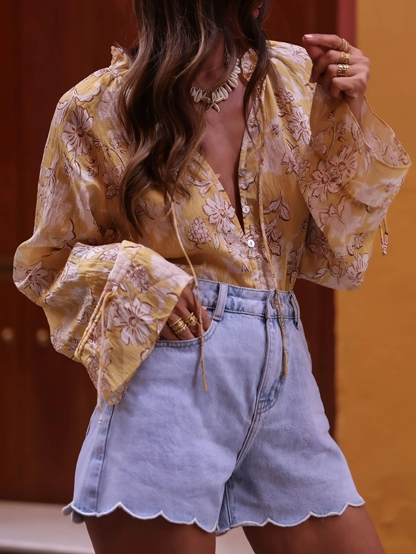 Printed Tie Neck Flounce Sleeve Blouse - Image 3