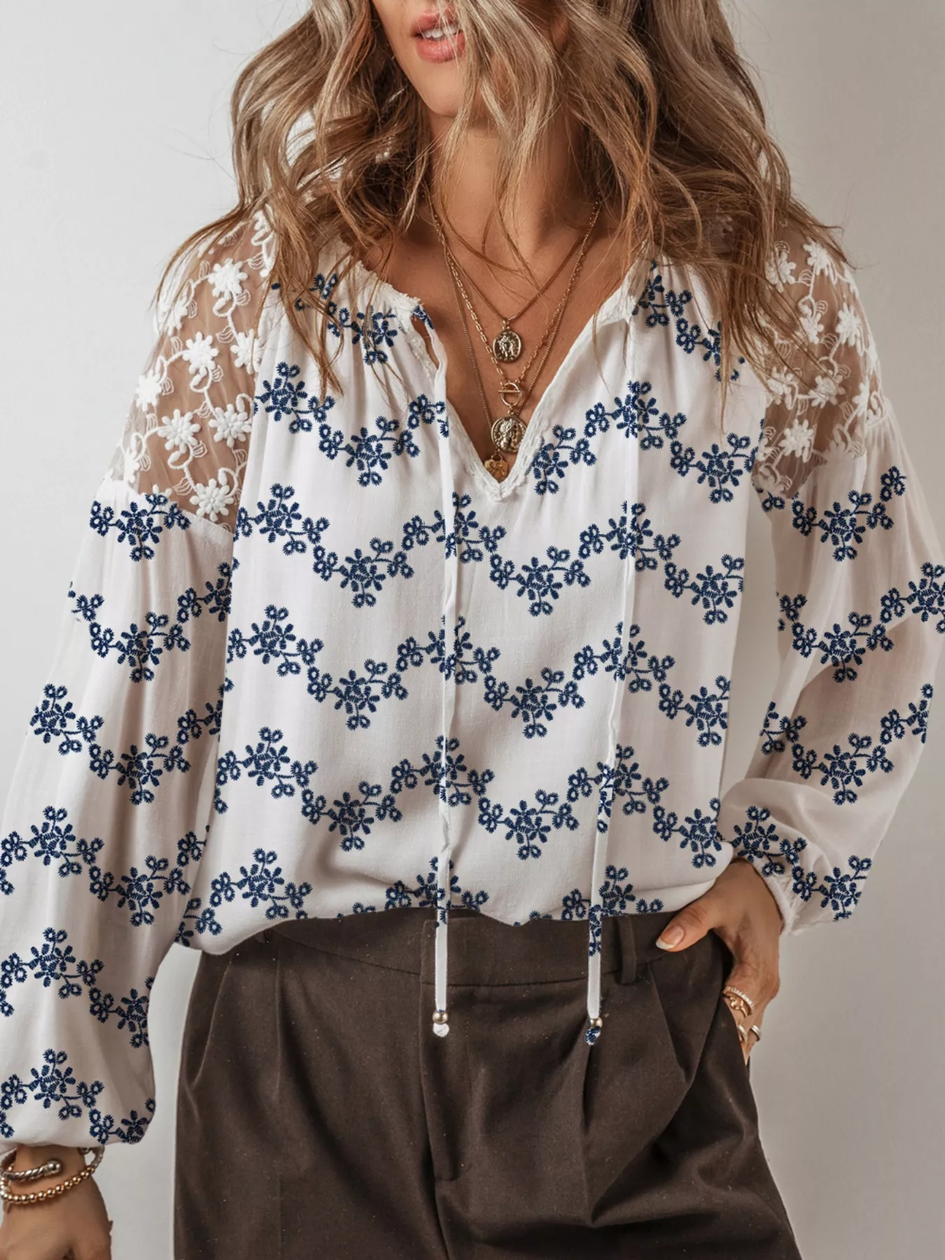 Printed Tie Neck Lace Long Sleeve Blouse - Image 2