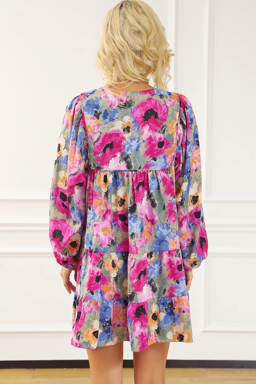 Printed Tie Neck Long Sleeve Mini Dress - Image 5