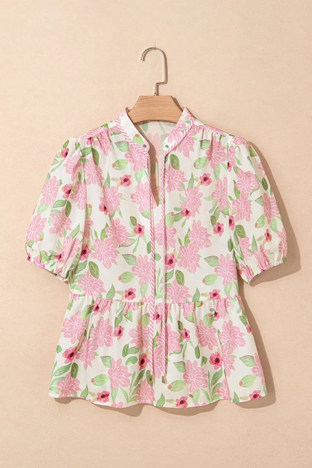 Printed Tie Neck Short Sleeve Blouse - Image 2