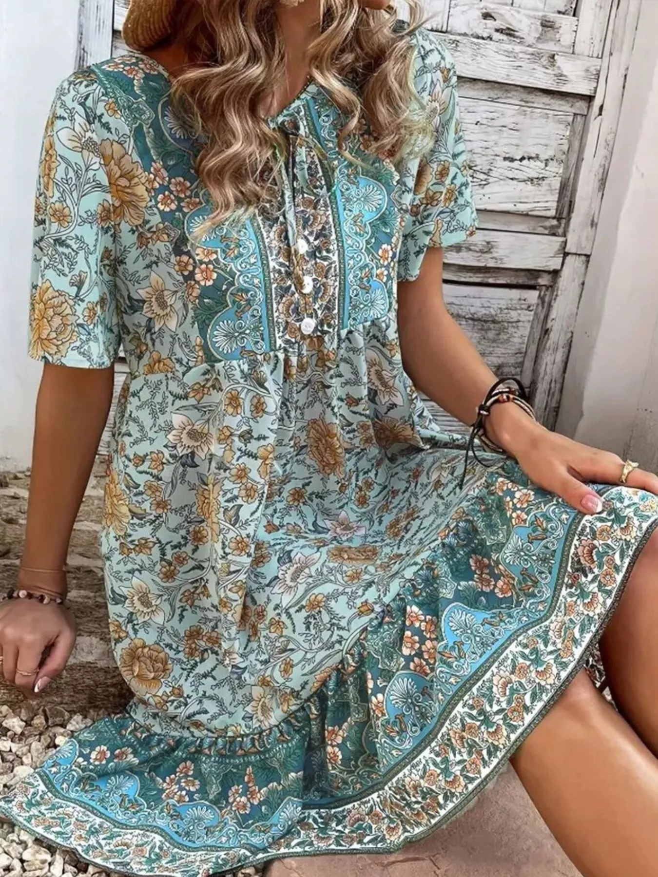 Printed Tie Neck Short Sleeve Mini Dress - Image 4