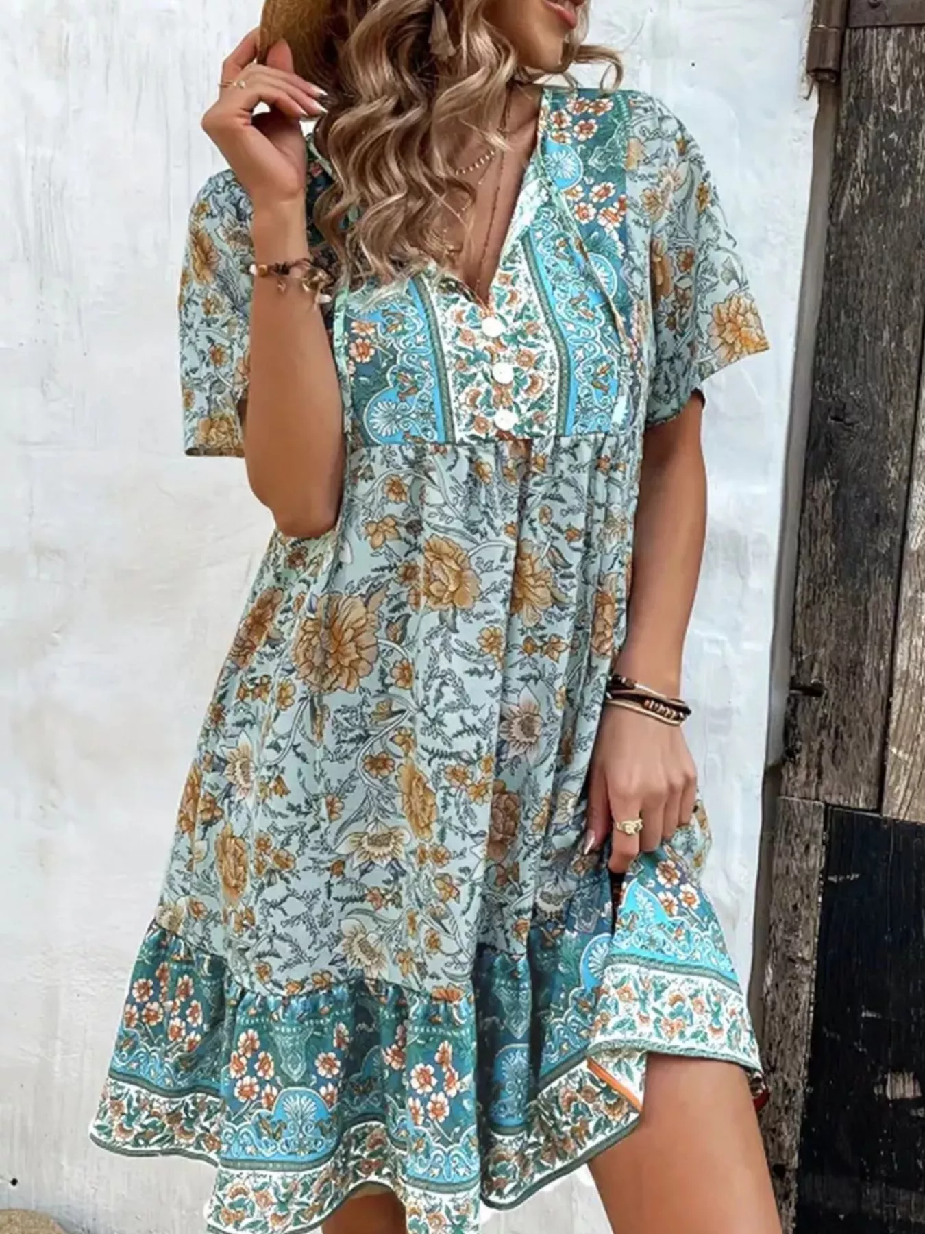 Printed Tie Neck Short Sleeve Mini Dress - Image 5