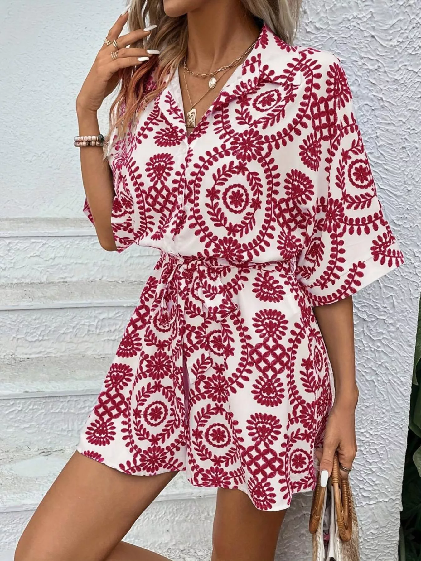 Printed Tie Waist Button Front Romper - Image 12