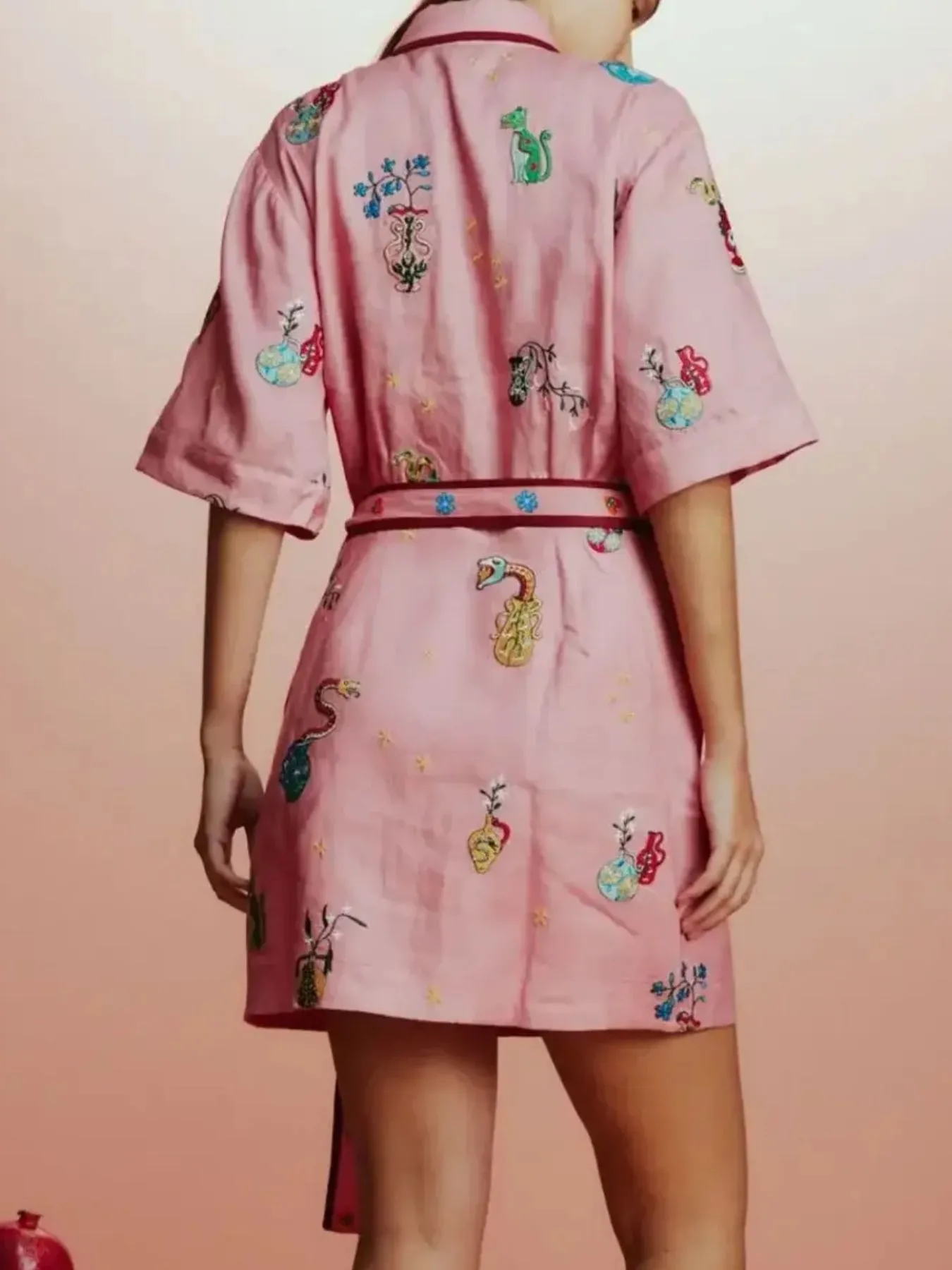 Printed Tie Waist Half Sleeve Shirt Dress - Image 5