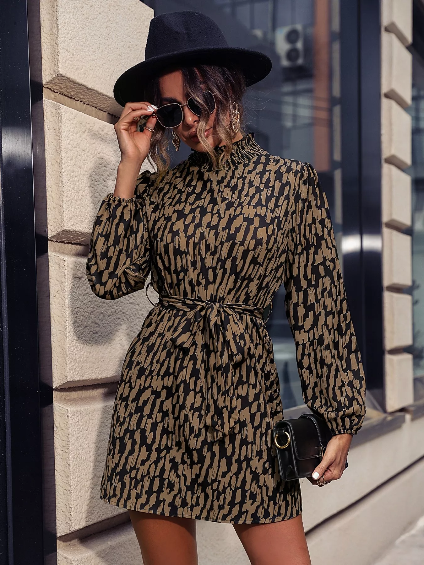 Printed Tie Waist Long Sleeve Dress - Image 5