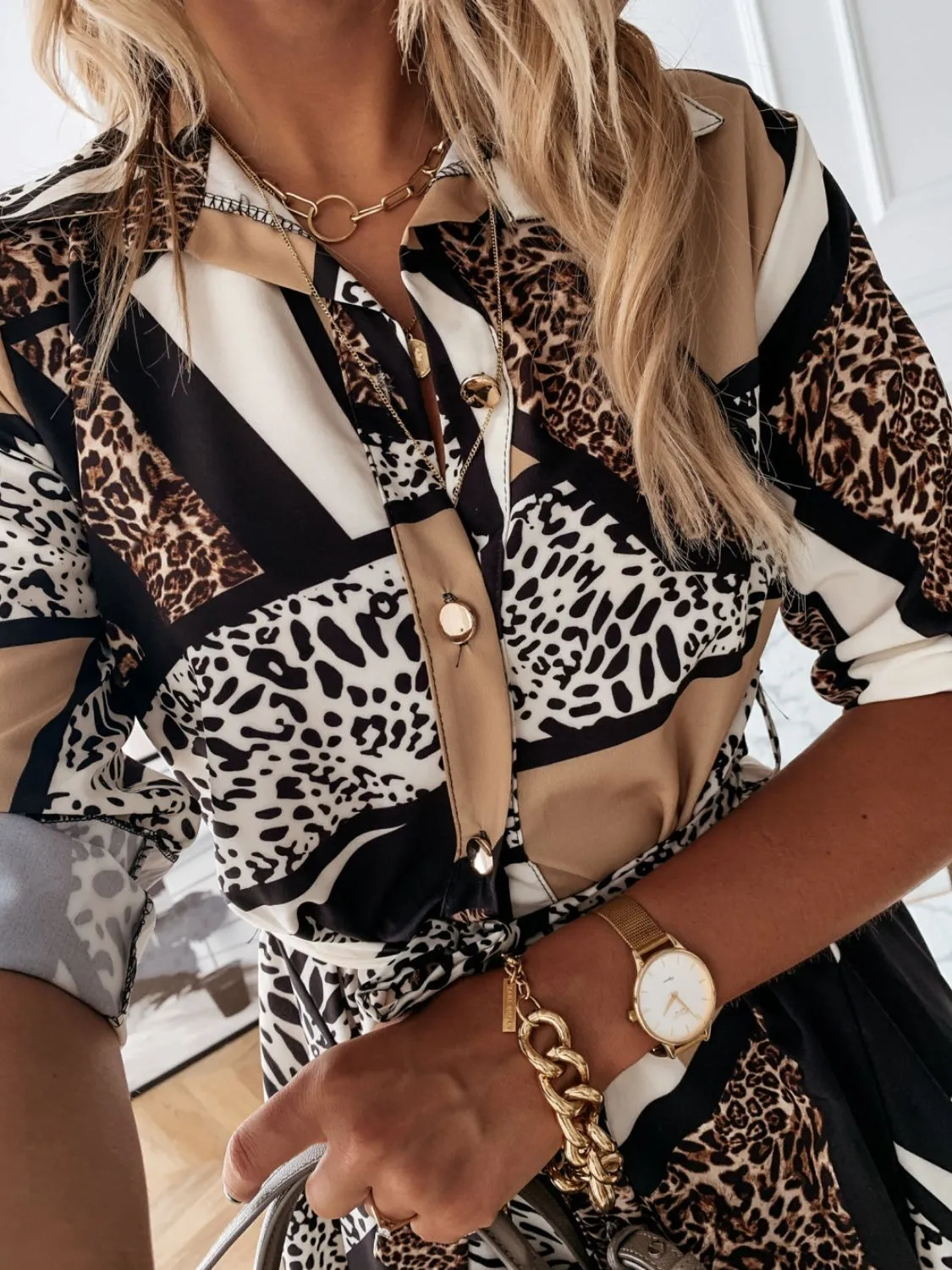 Printed Tie Waist Roll-Tab Sleeve Mini Dress - Image 2