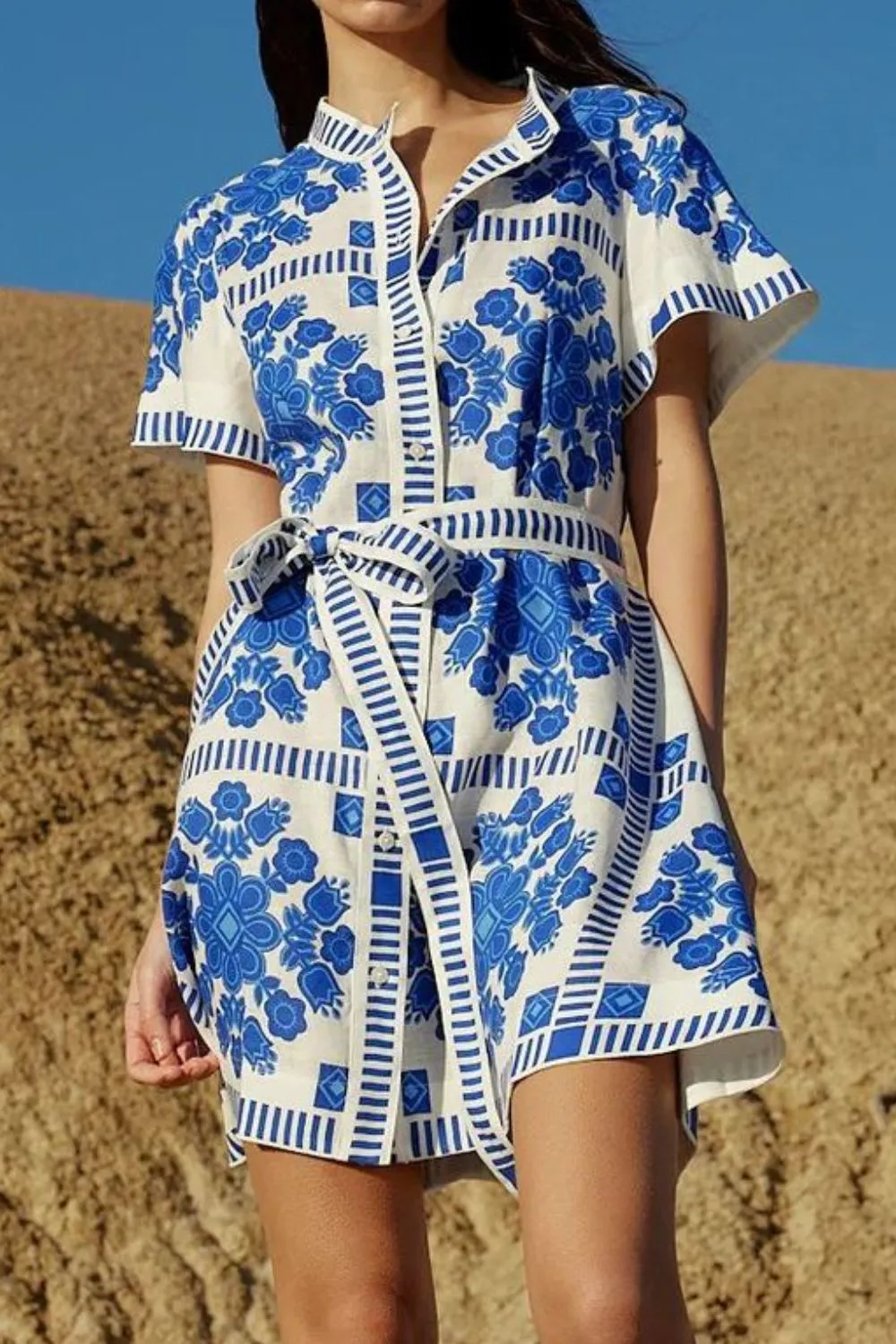 Printed Tie Waist Short Sleeve Dress - Image 4