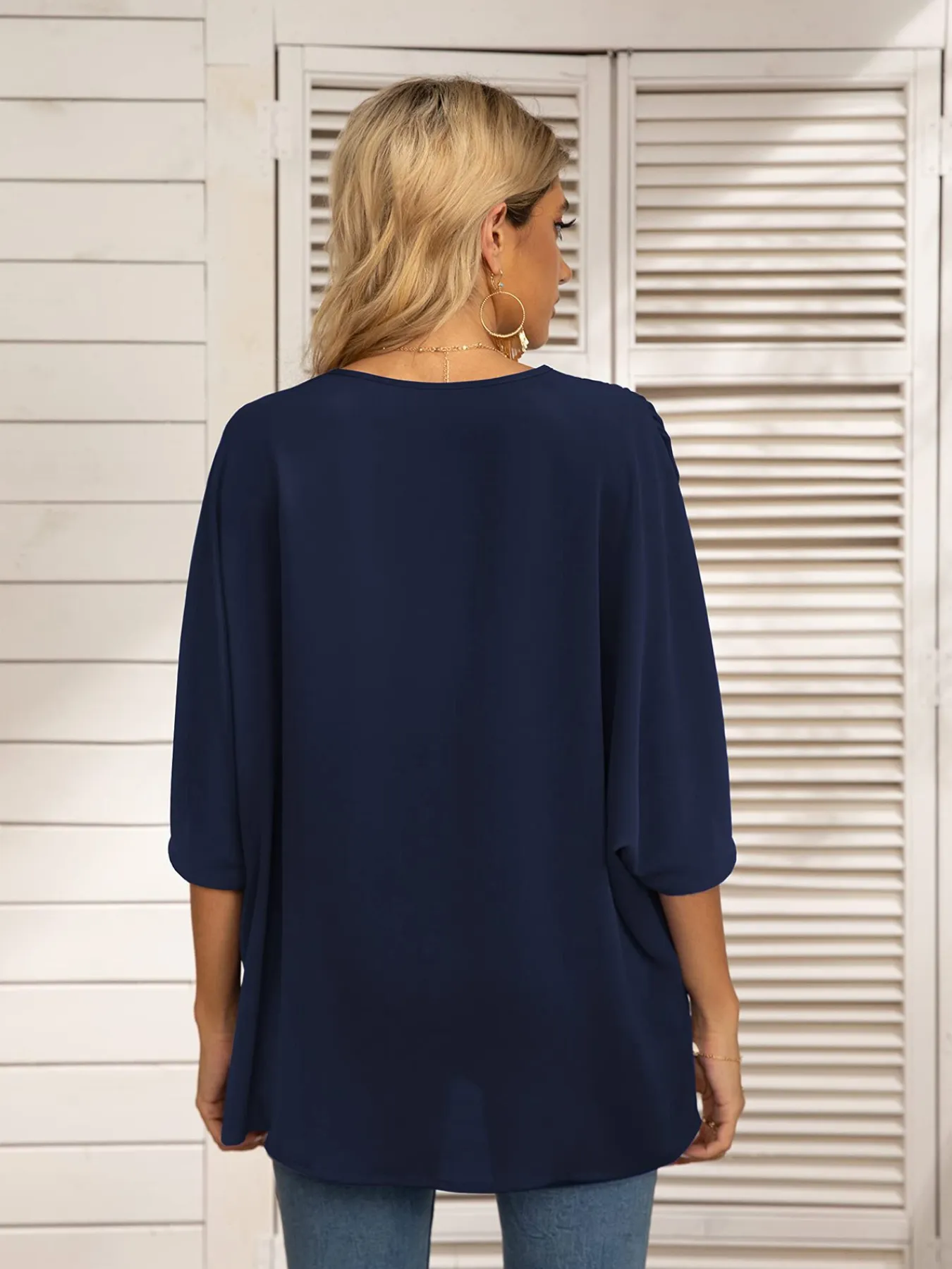 Printed Trim V-Neck Batwing Sleeve Blouse - Image 2