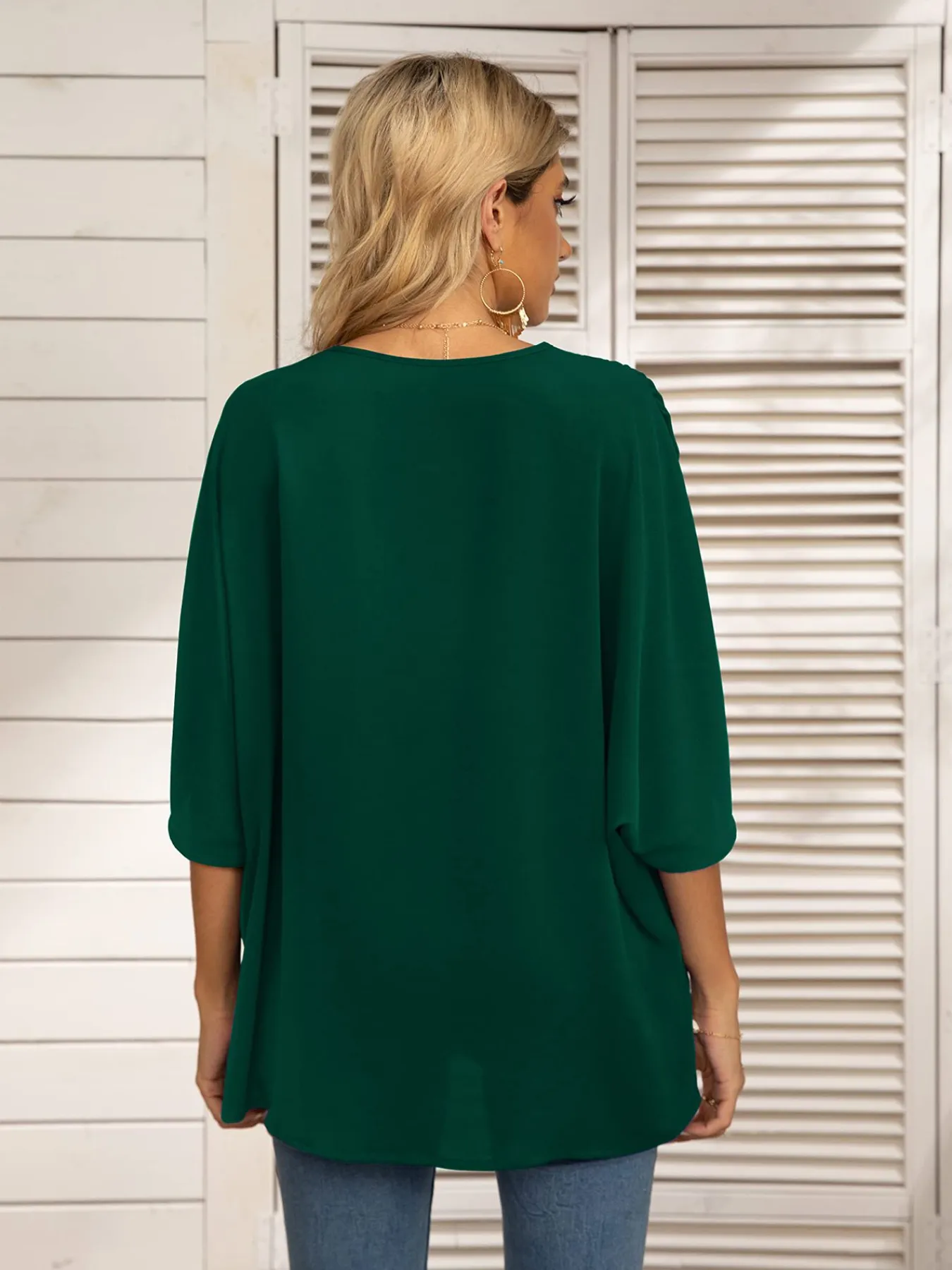 Printed Trim V-Neck Batwing Sleeve Blouse - Image 5