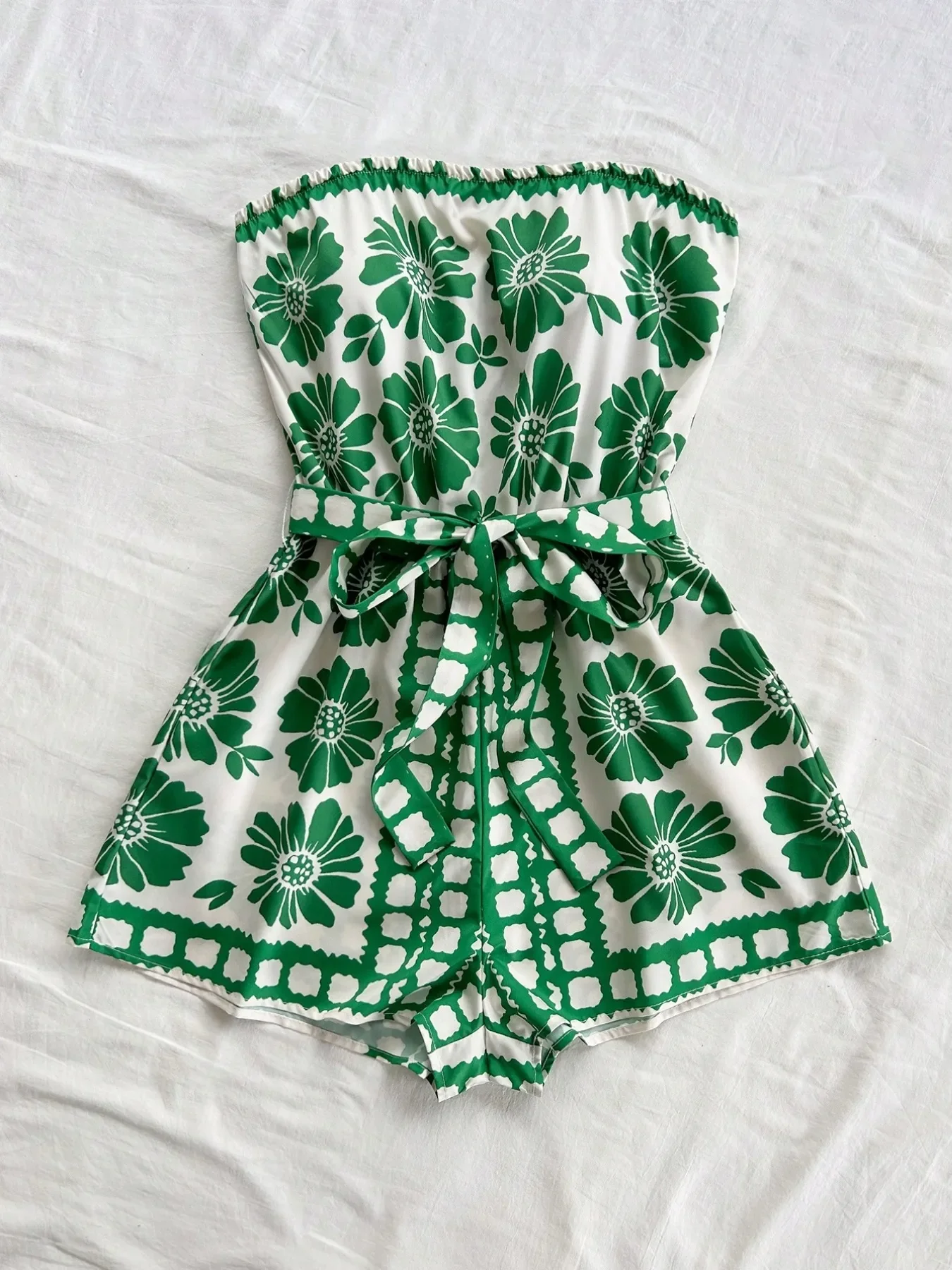 Printed Tube Tie Waist Romper - Image 3