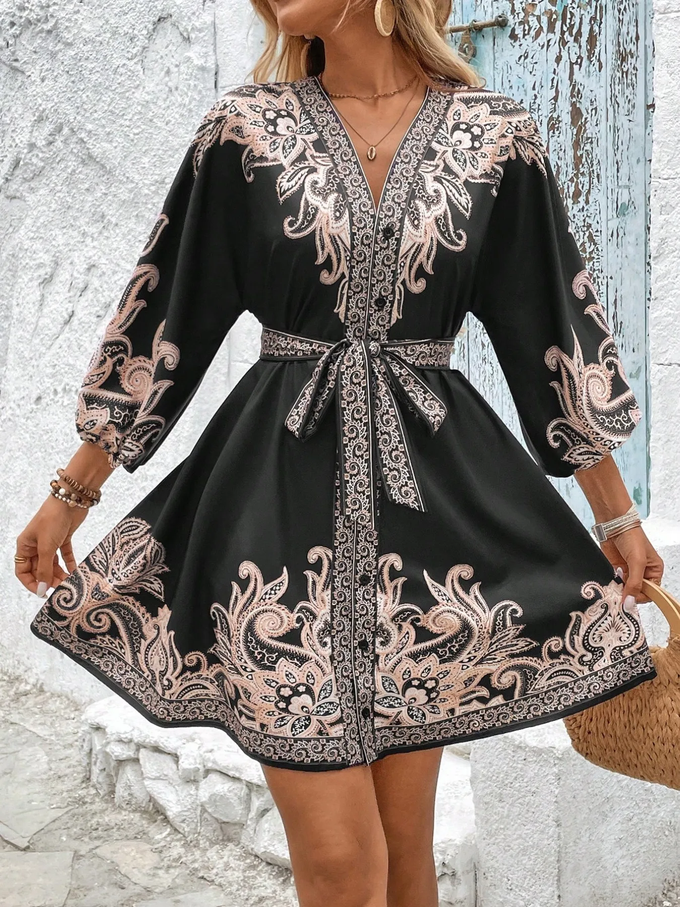 Printed V-Neck Balloon Sleeve Mini Dress - Image 12