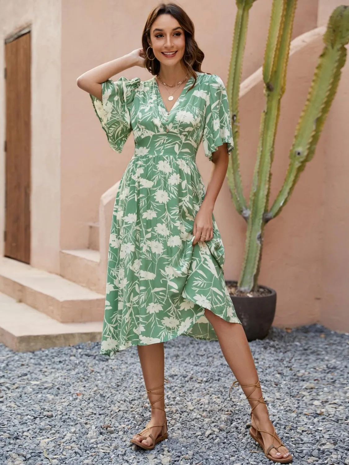 Printed V-Neck Flutter Sleeve Dress - Image 10