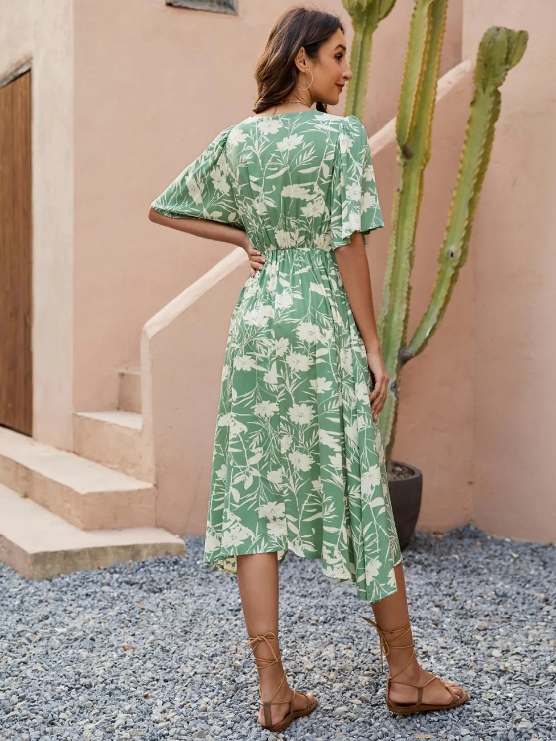 Printed V-Neck Flutter Sleeve Dress - Image 8