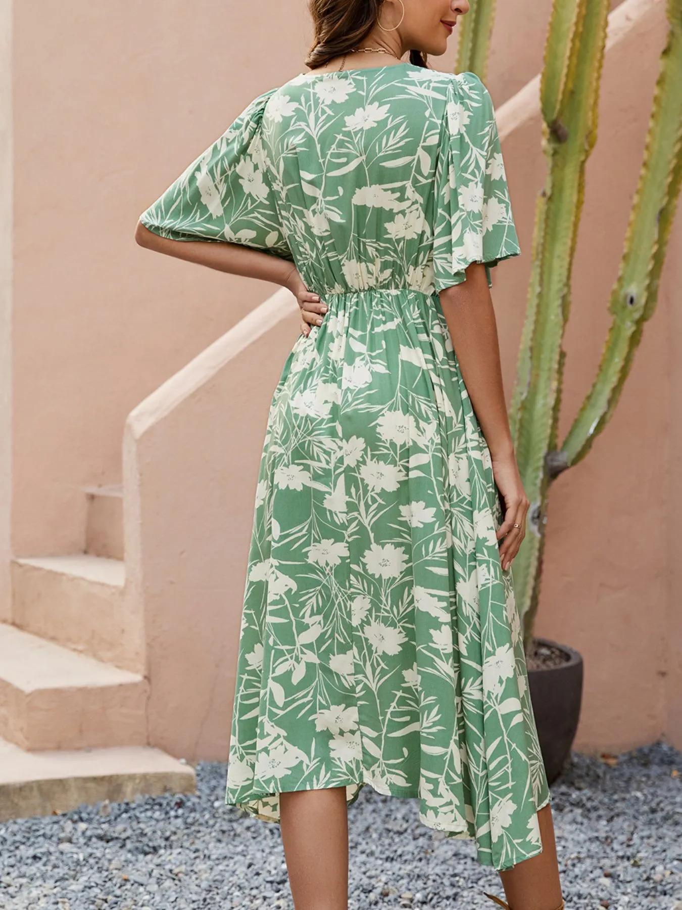 Printed V-Neck Flutter Sleeve Midi Dress - Image 7