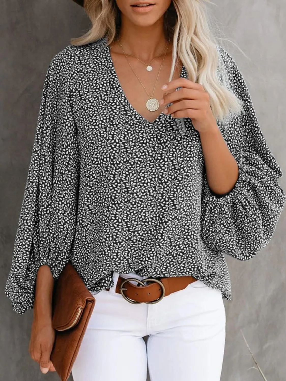 Printed V-Neck Long Sleeve Blouse - Image 10