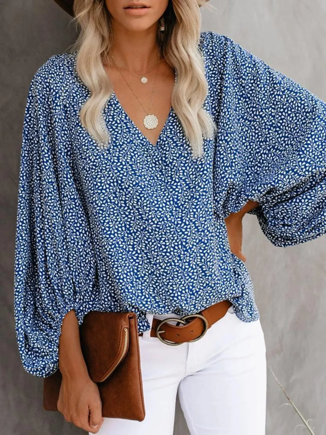 Printed V-Neck Long Sleeve Blouse - Image 5