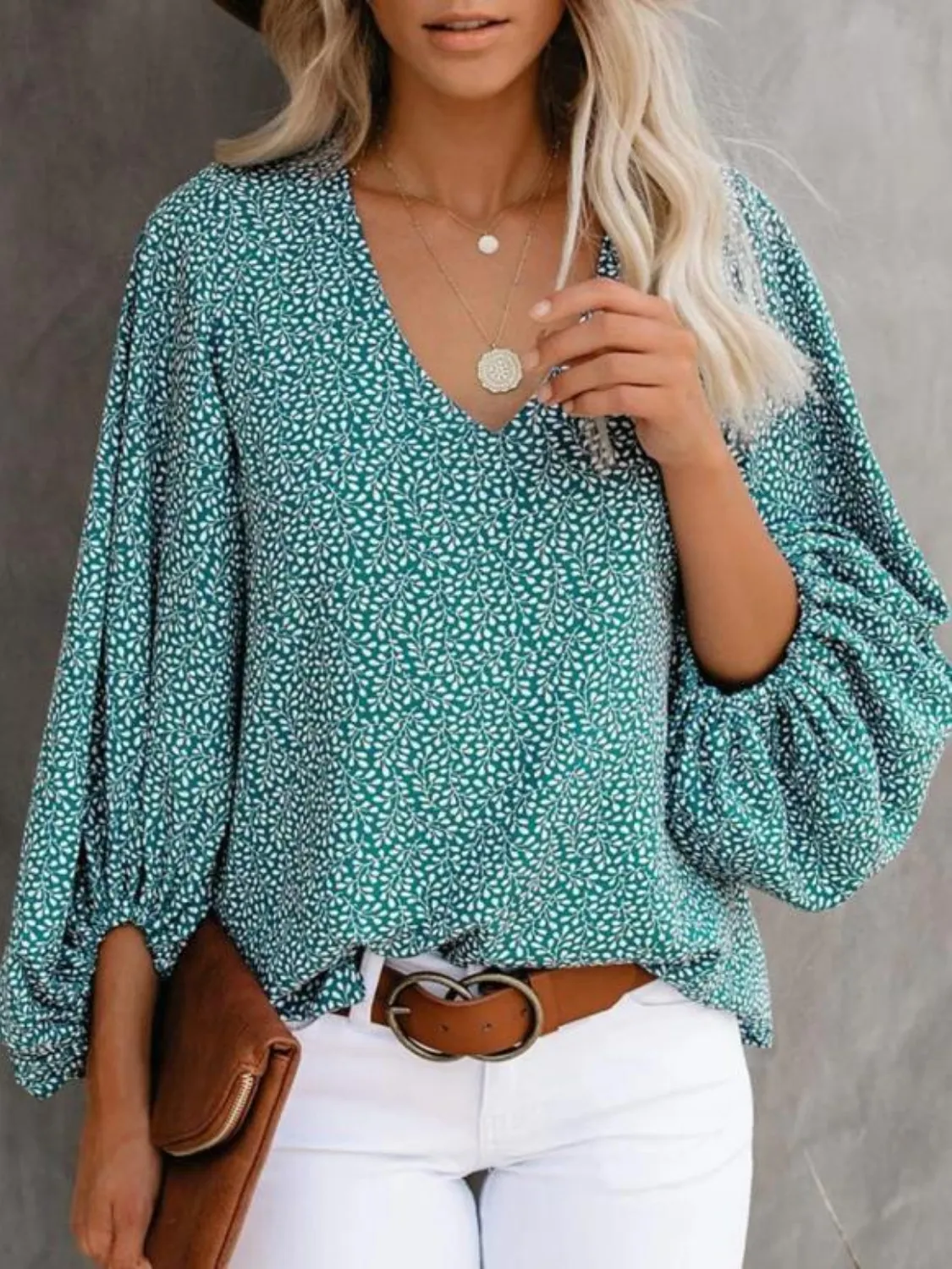 Printed V-Neck Long Sleeve Blouse - Image 7