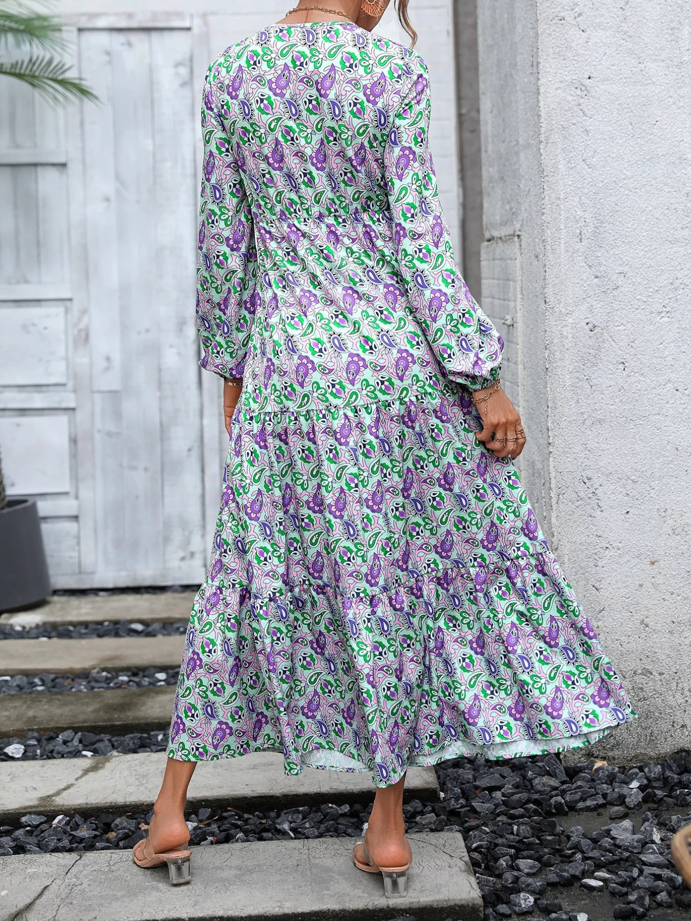 Printed V-Neck Long Sleeve Dress - Image 2