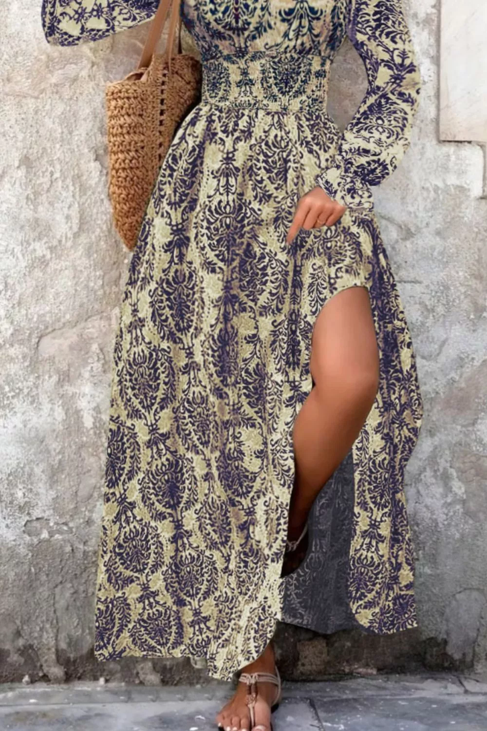 Printed V-Neck Long Sleeve Maxi Dress - Image 3
