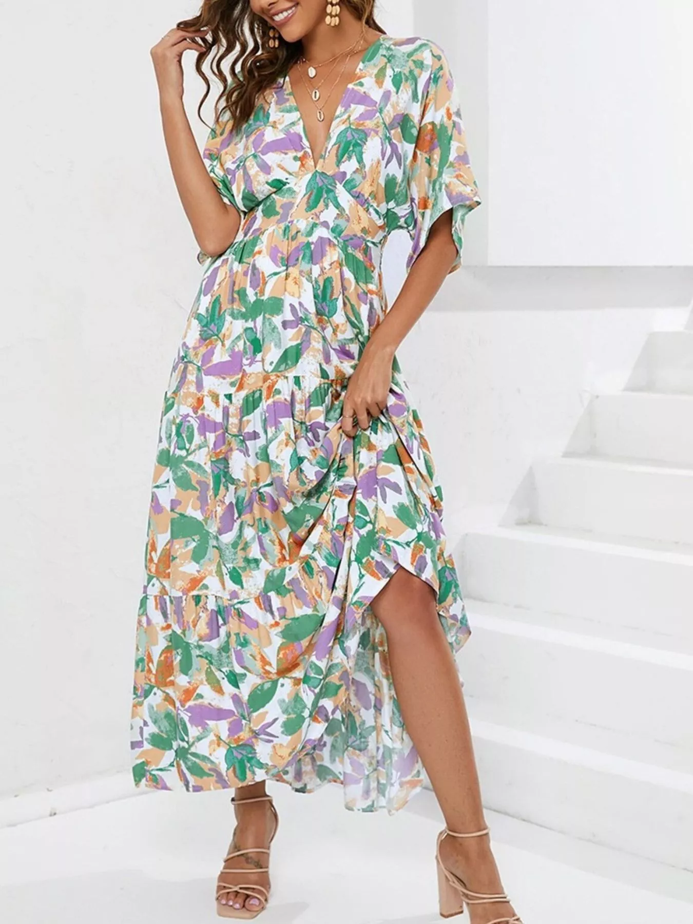 Printed V-Neck Ruffle Hem Flowy Midi Dress - Image 6