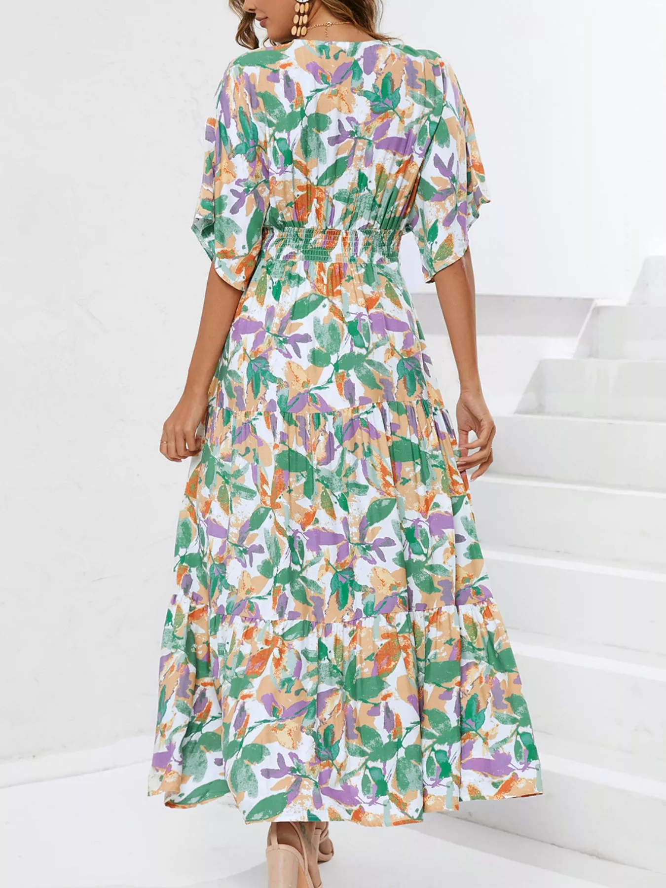 Printed V-Neck Ruffle Hem Flowy Midi Dress - Image 7