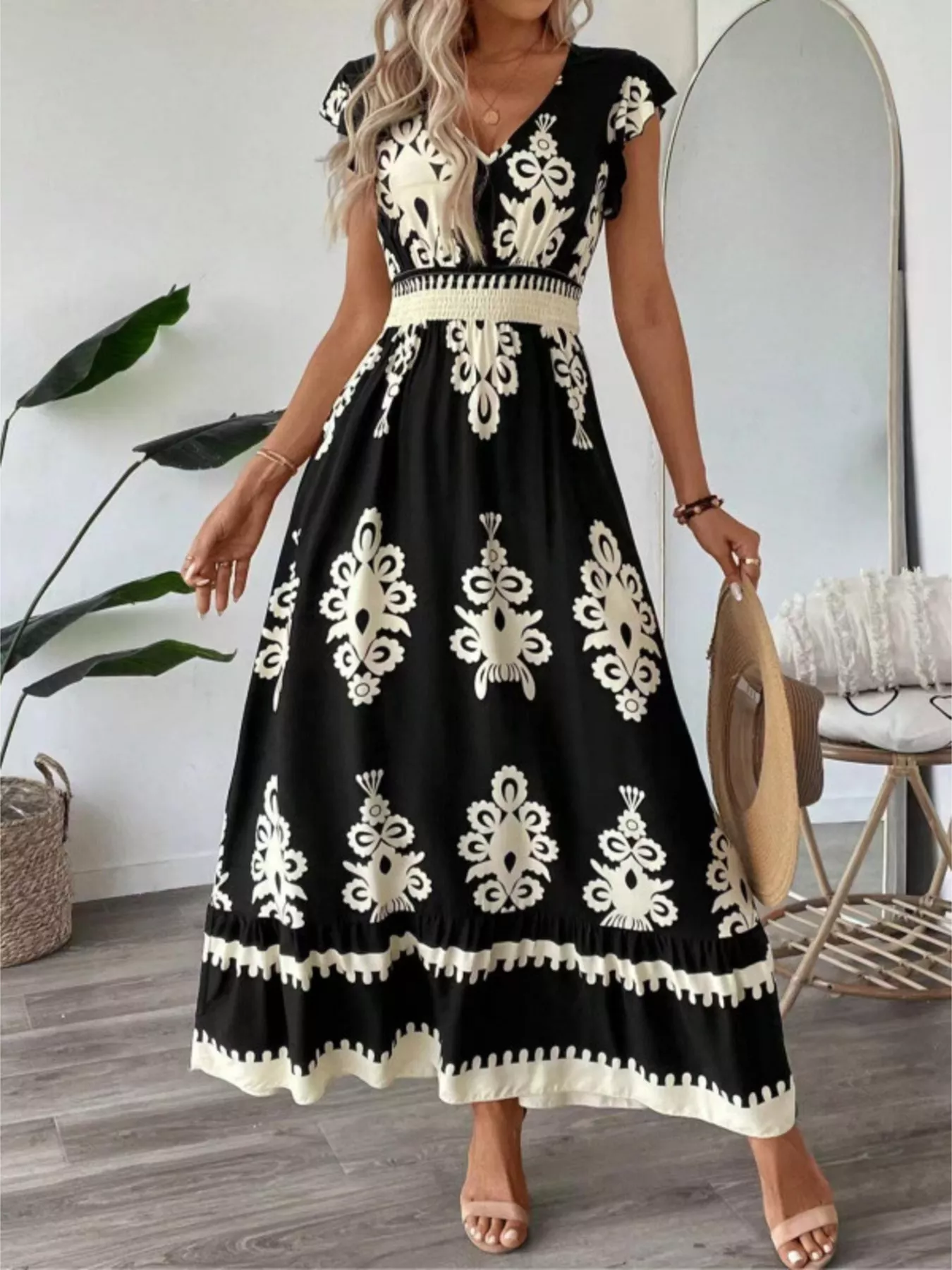 Printed V-Neck Ruffled Cap Sleeve Dress - Image 11