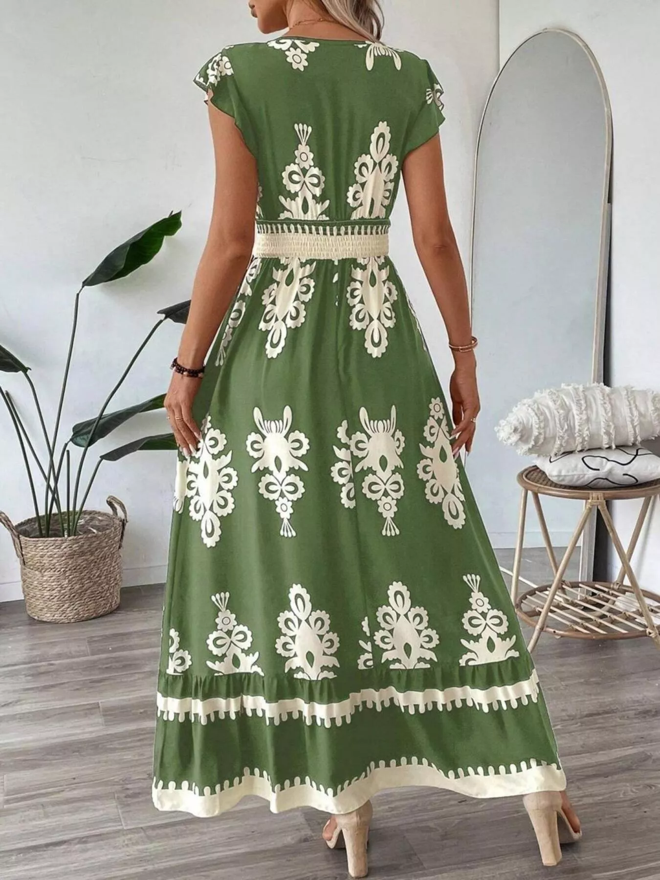 Printed V-Neck Ruffled Cap Sleeve Dress - Image 3