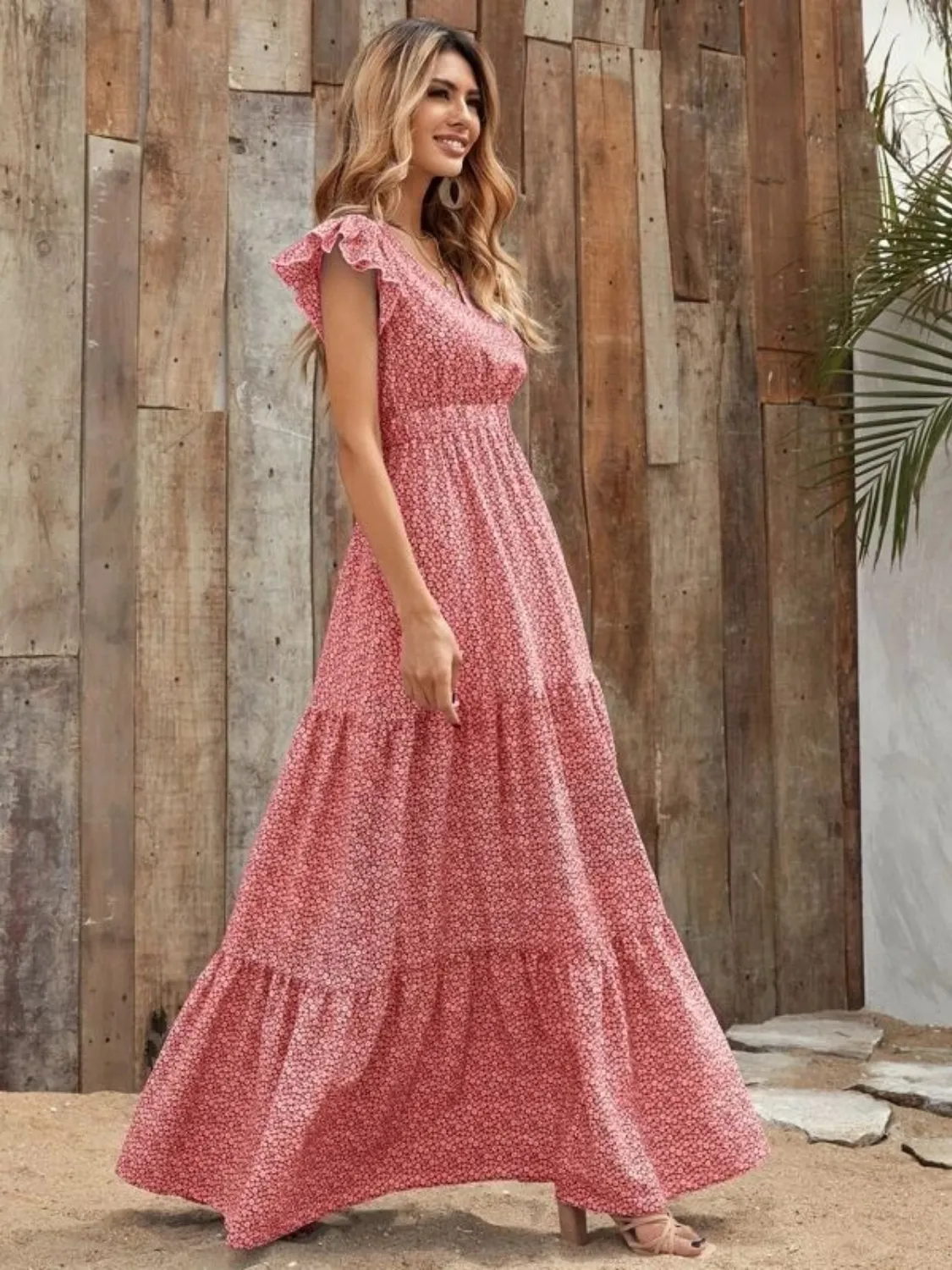 Printed V-Neck Ruffled Cap Sleeve Maxi Dress - Image 15