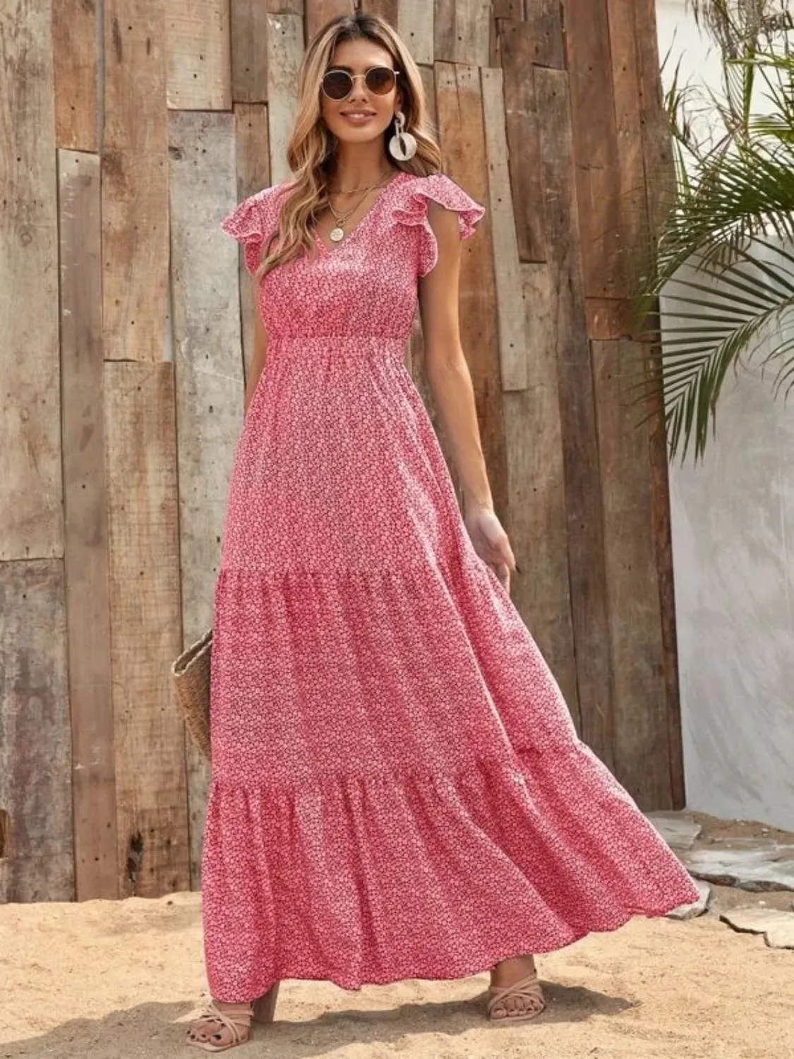 Printed V-Neck Ruffled Cap Sleeve Maxi Dress - Image 16
