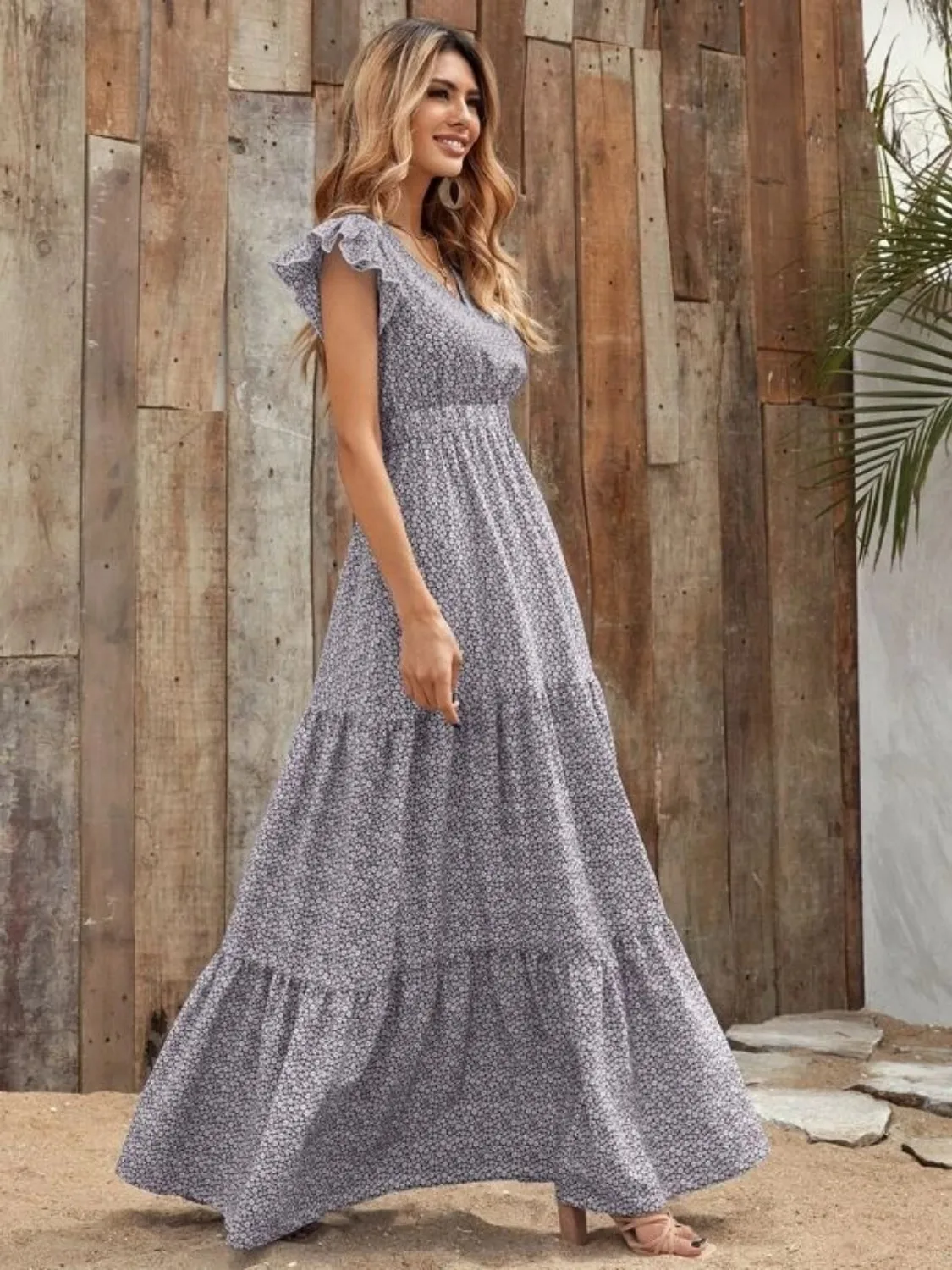 Printed V-Neck Ruffled Cap Sleeve Maxi Dress - Image 7