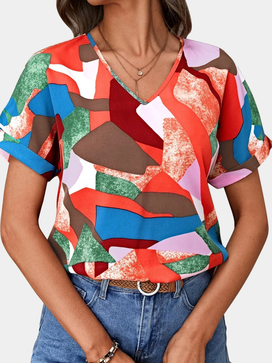 Printed V-Neck Short Sleeve Blouse - Image 23