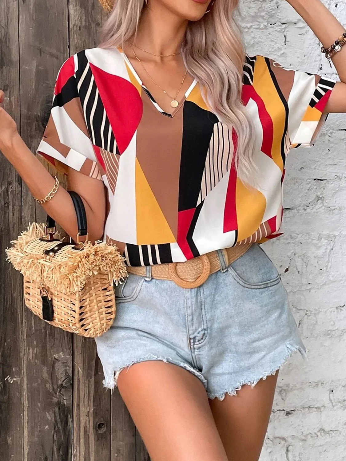 Printed V-Neck Short Sleeve Blouse - Image 5
