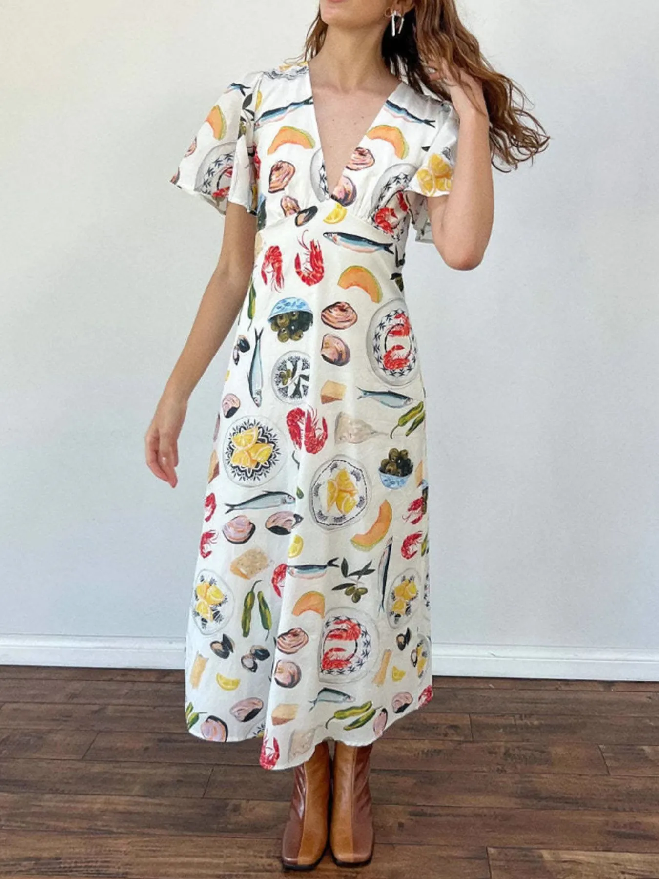 Printed V-Neck Short Sleeve Dress - Image 4