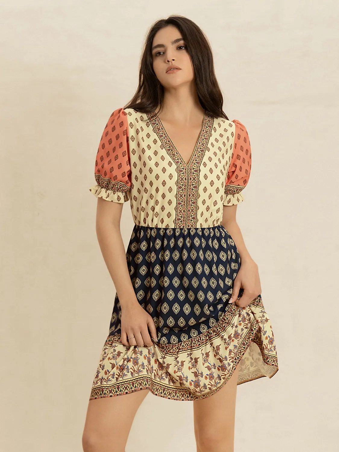 Printed V-Neck Short Sleeve Dress - Image 3