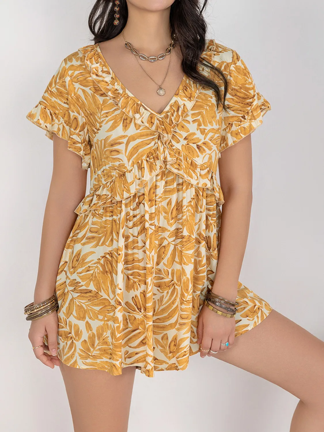 Printed V-Neck Short Sleeve Romper - Image 2