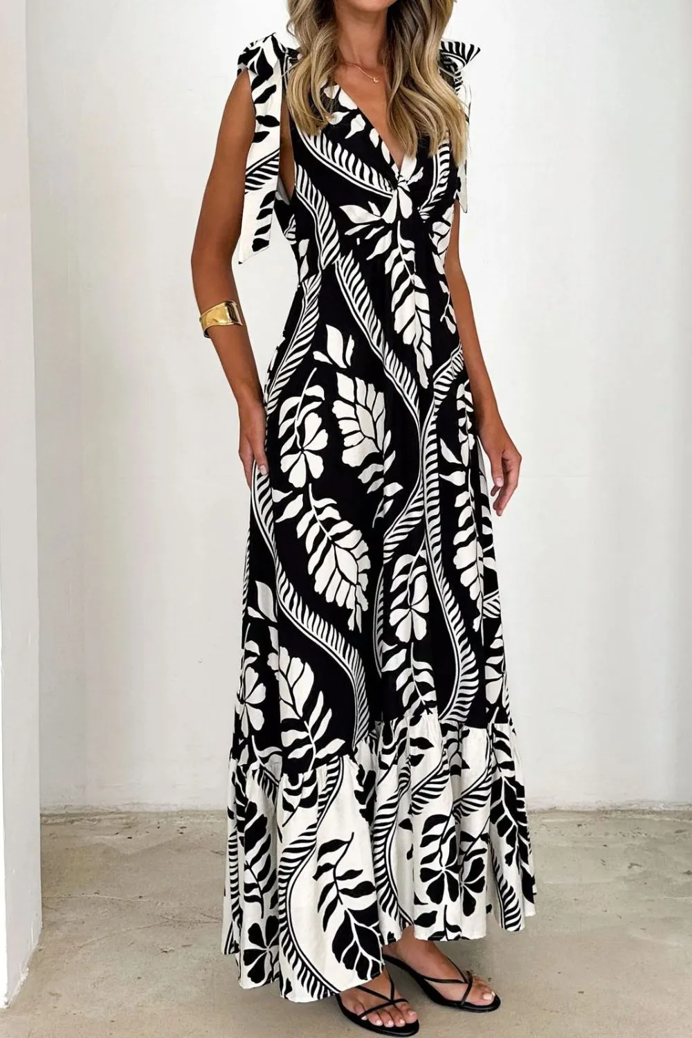Printed V-Neck Tie Shoulder Midi Cami Dress - Image 8