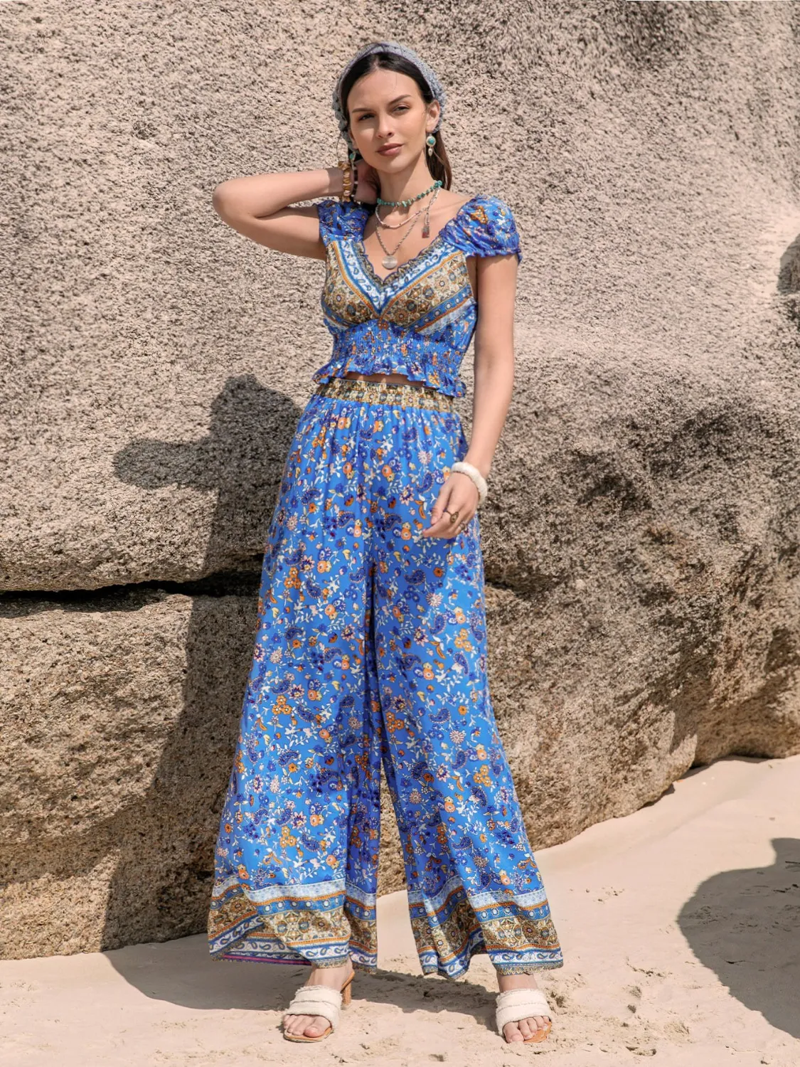 Printed V-Neck Top and Pants Set - Image 2
